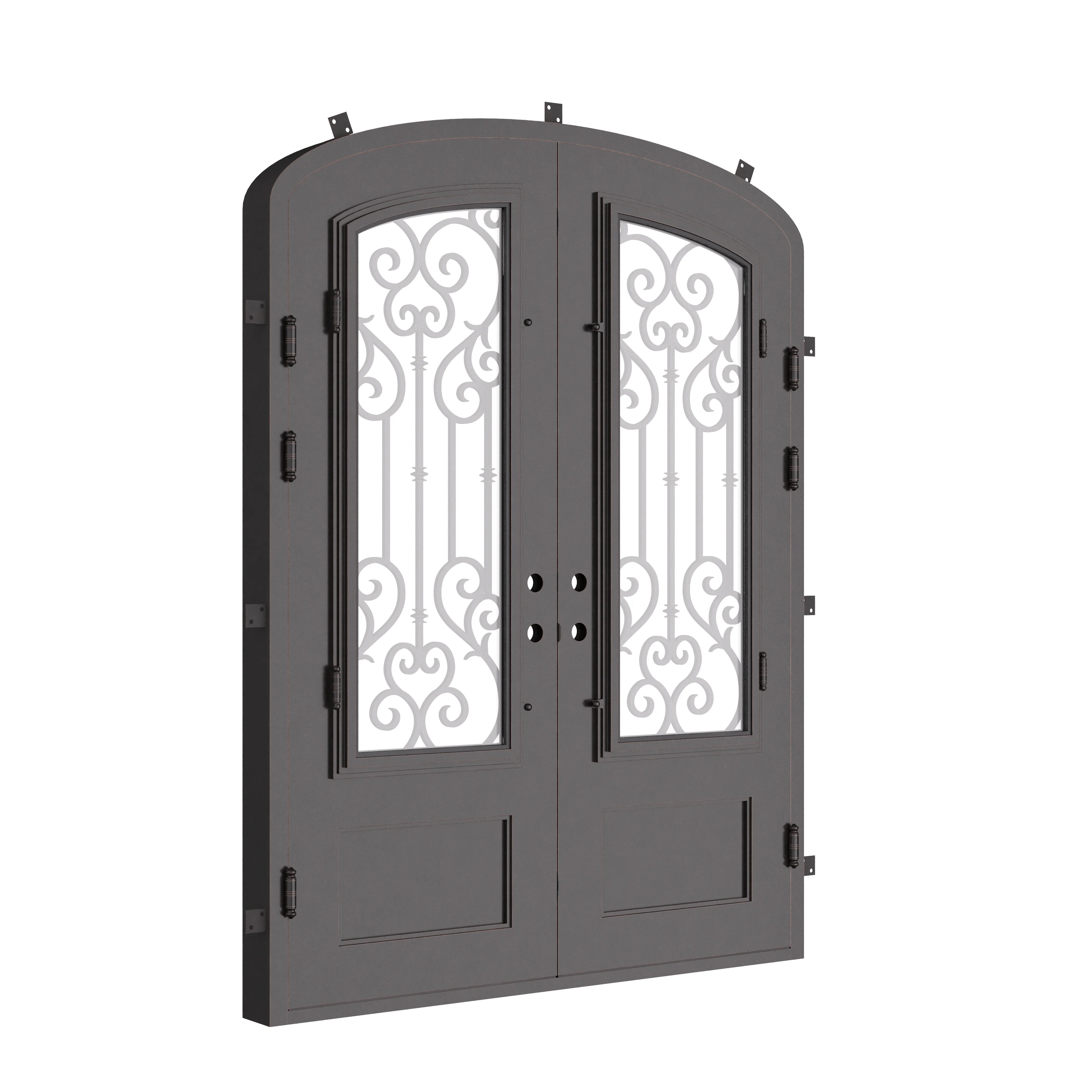 New York arch top entry door in bronze tone with clear glass.