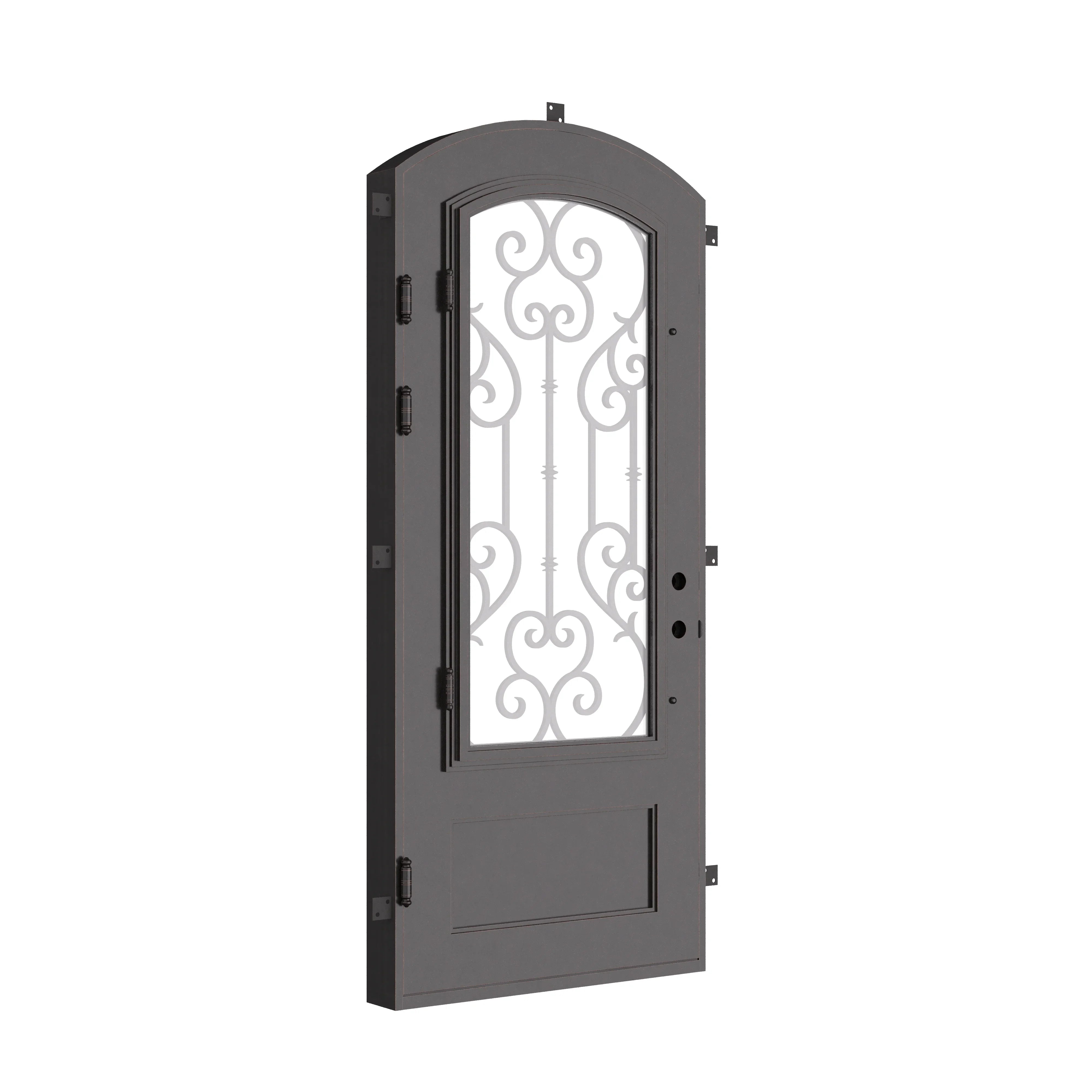 New York arch top single swinging door in matte black finish.