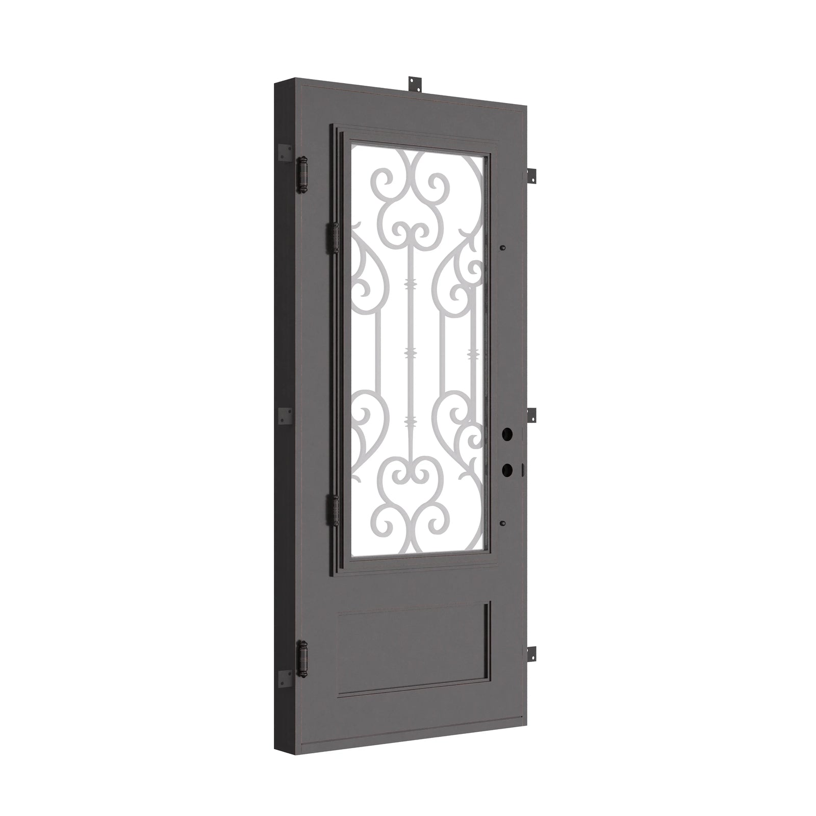 New York Black cold rolled metal single flat top entry door with glass insert.