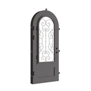 New York single radius top swing door with decorative scrollwork and double-pane glass.