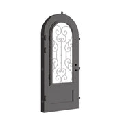 New York black metal single round top door with decorative scrollwork.