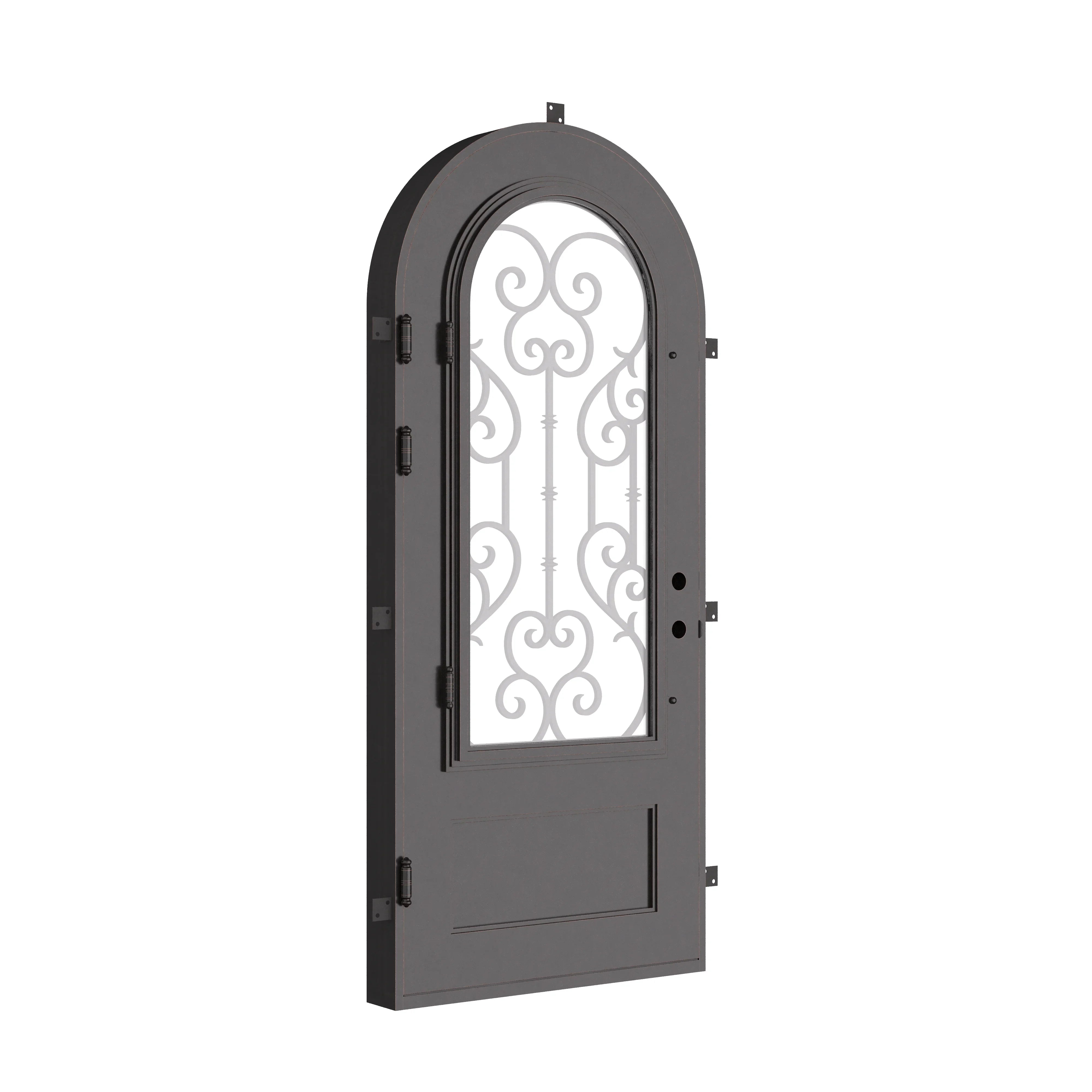 New York black metal single round top door with decorative scrollwork.