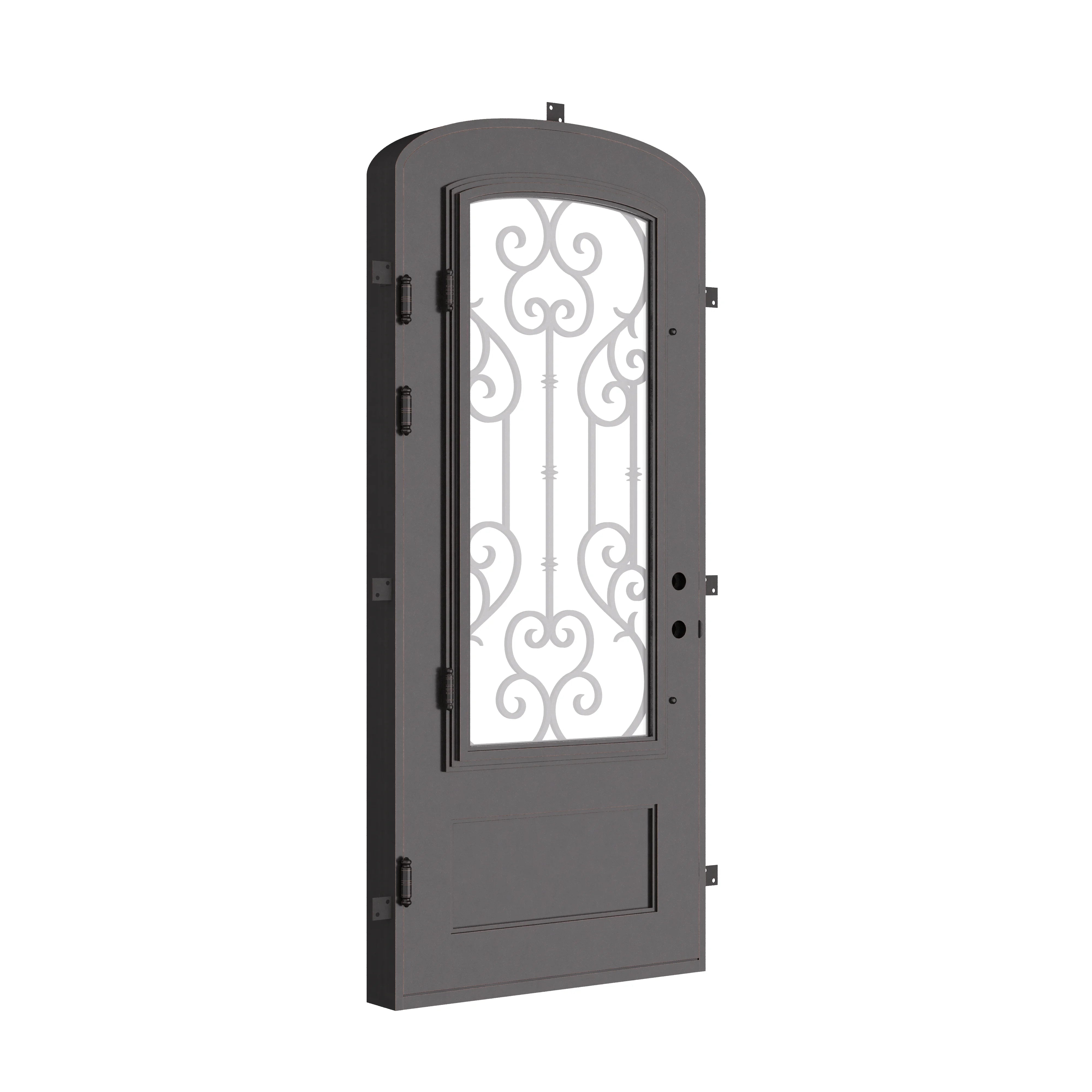 New York bronze color exterior wrought iron mini arch top single door with thick tempered glass.