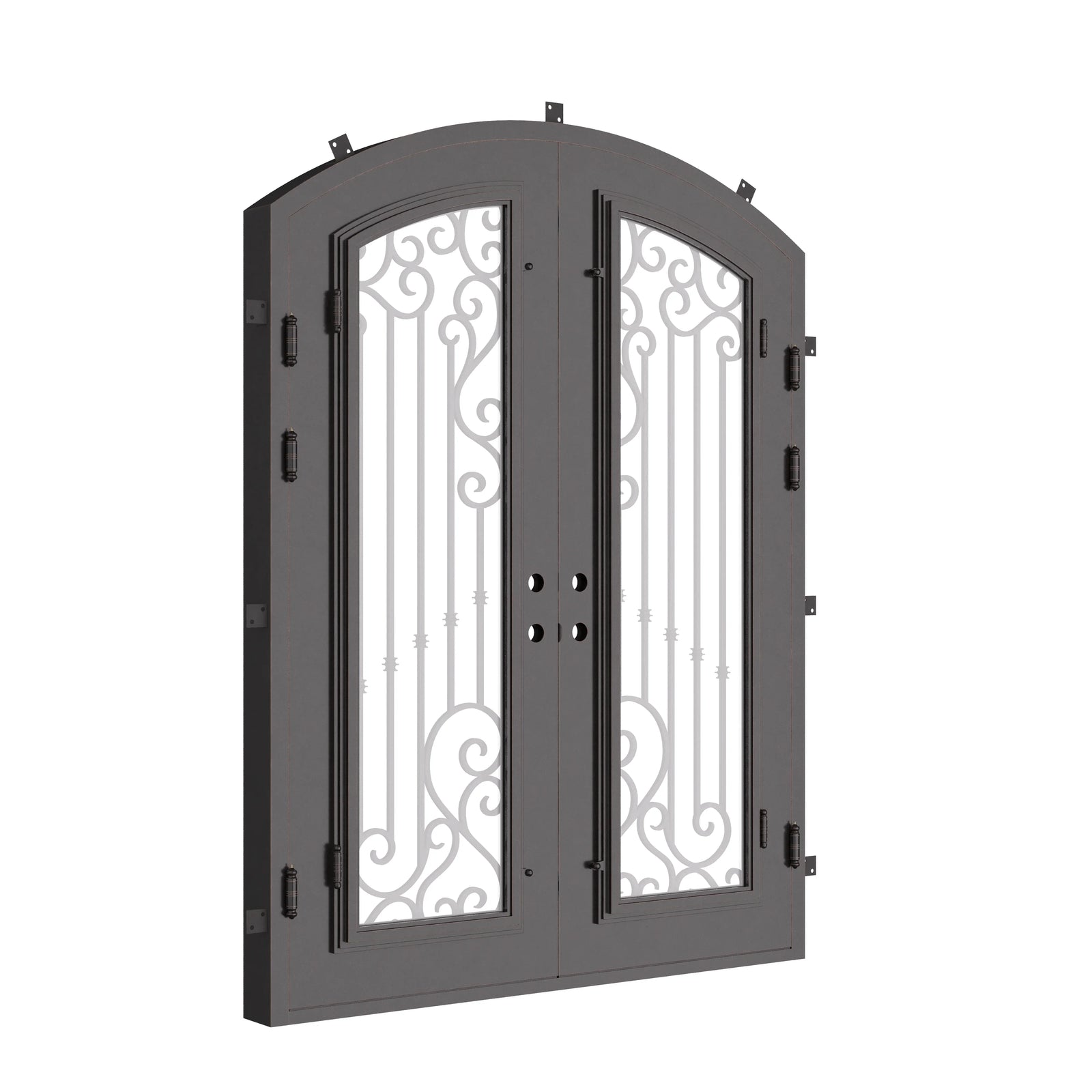 Paris arched iron door in bronze shade with glass.