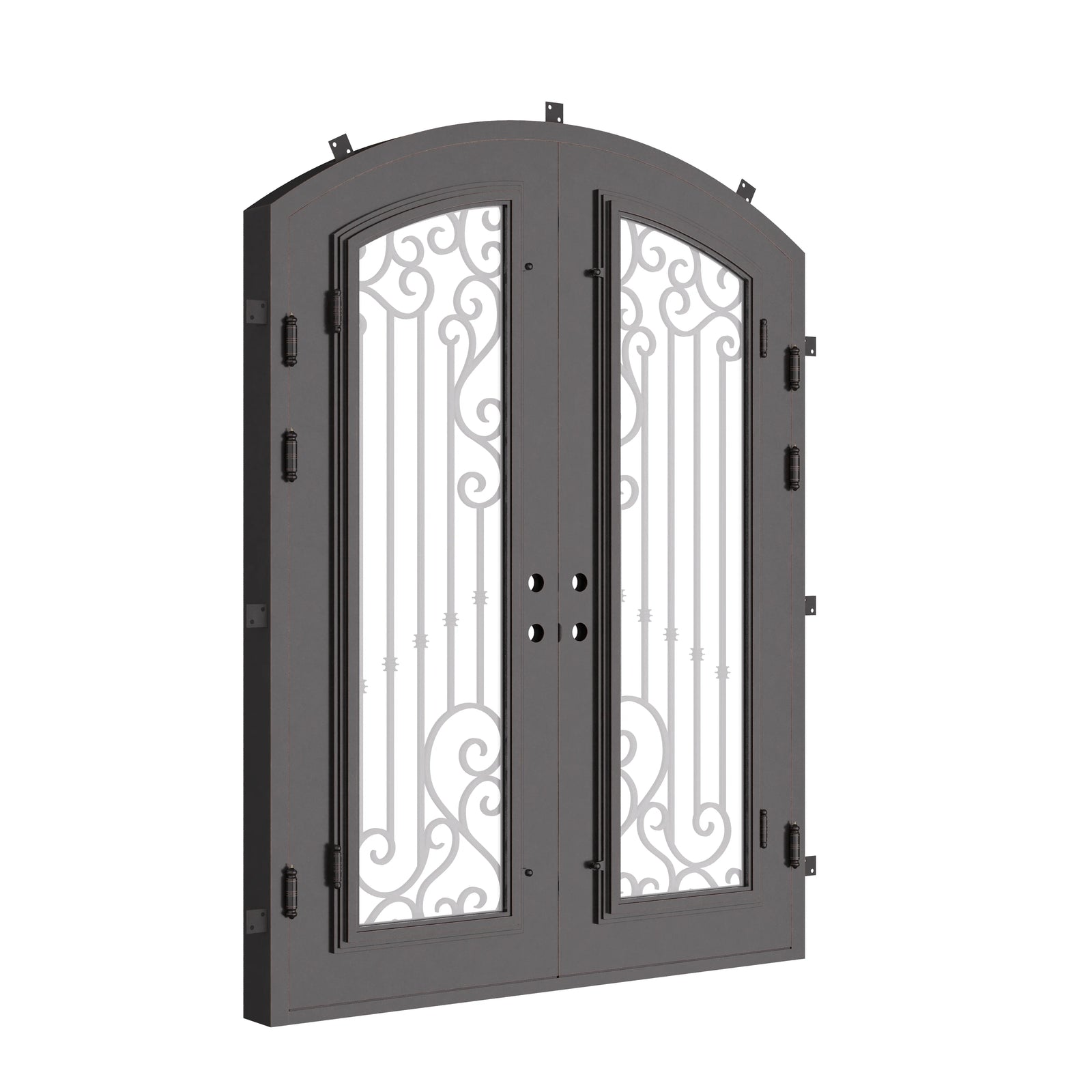 Paris arched top double entry door in bronze shade with clear glass.