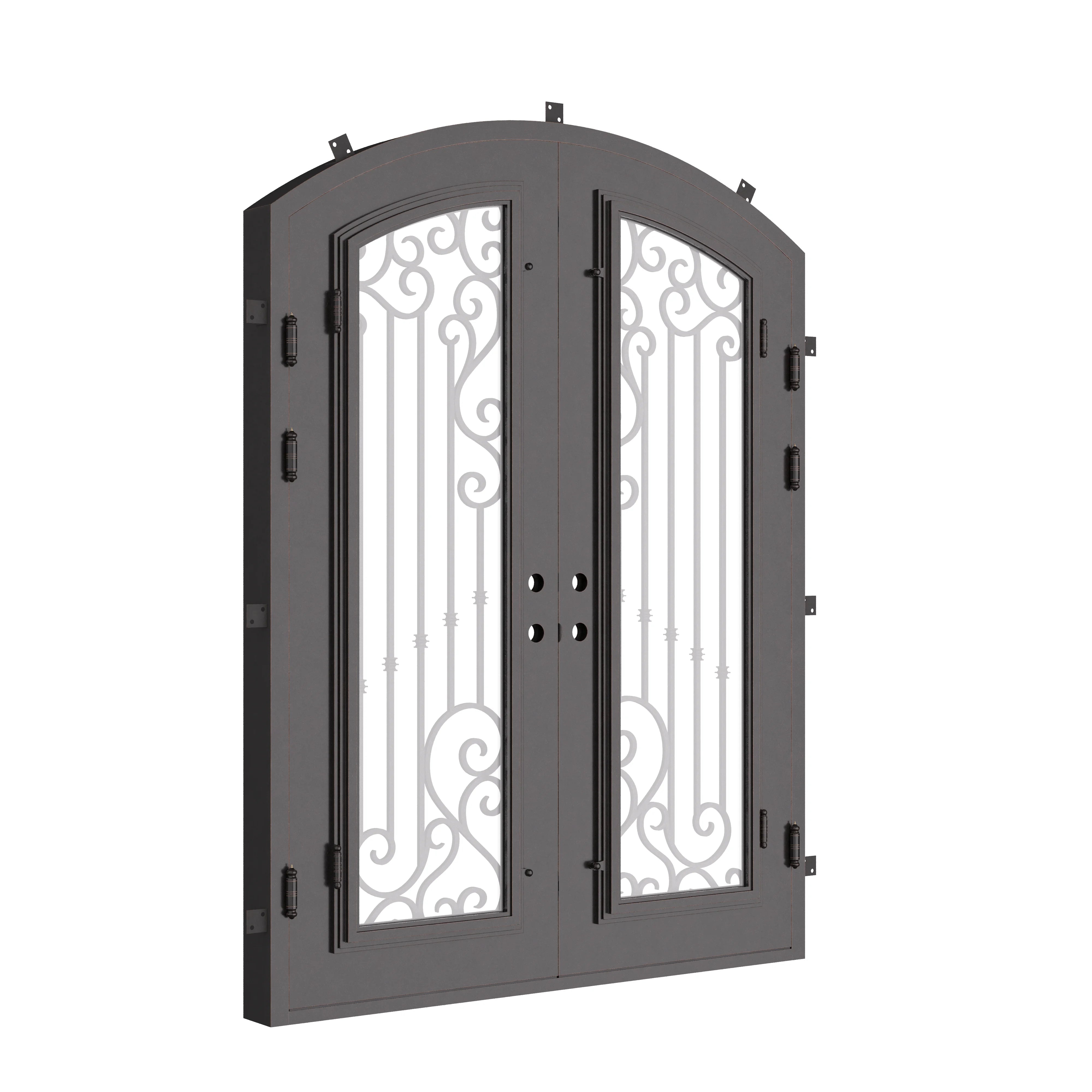 Paris arched top double entry door in bronze shade with clear glass.