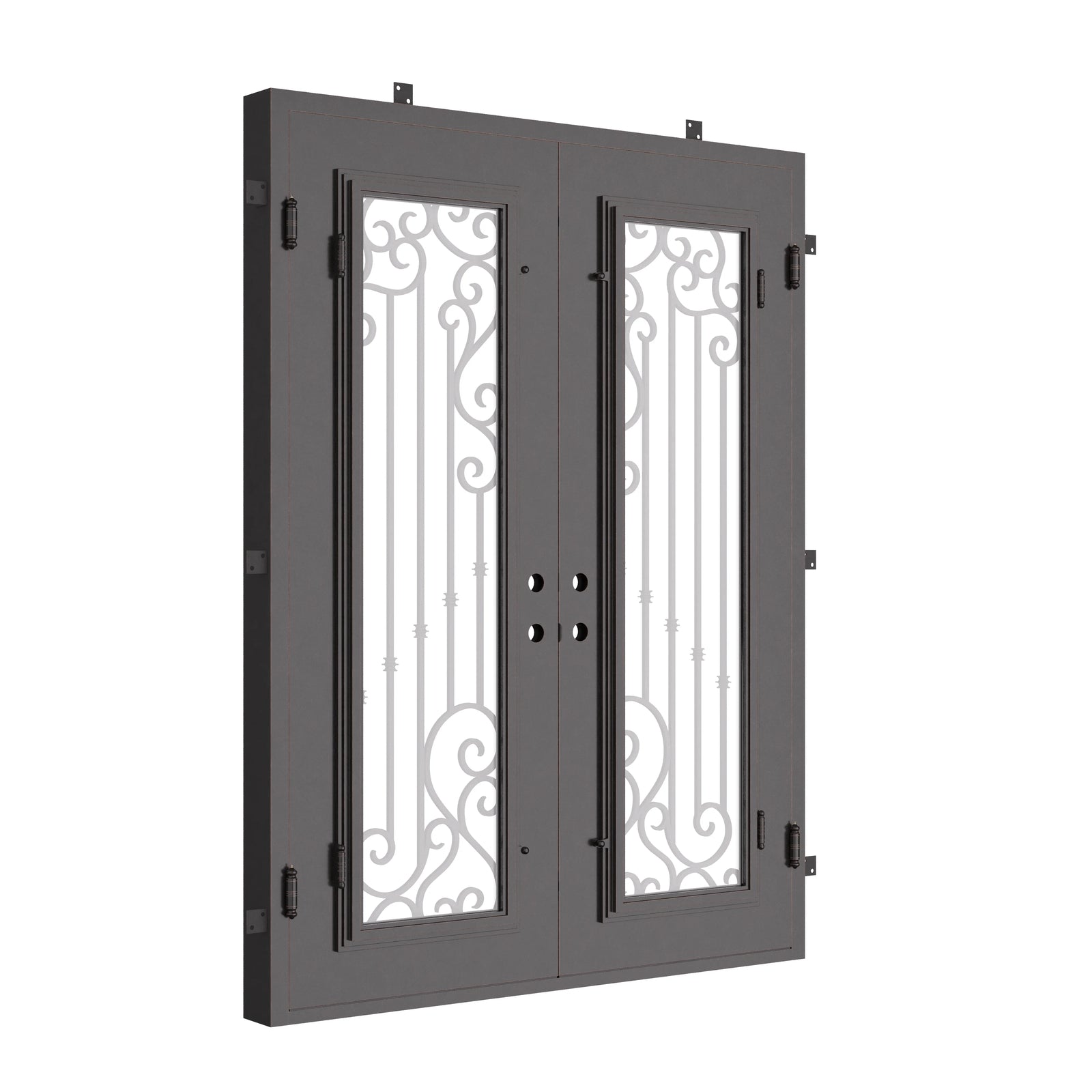 Paris black wrought iron double door with flat top and energy efficient glass.