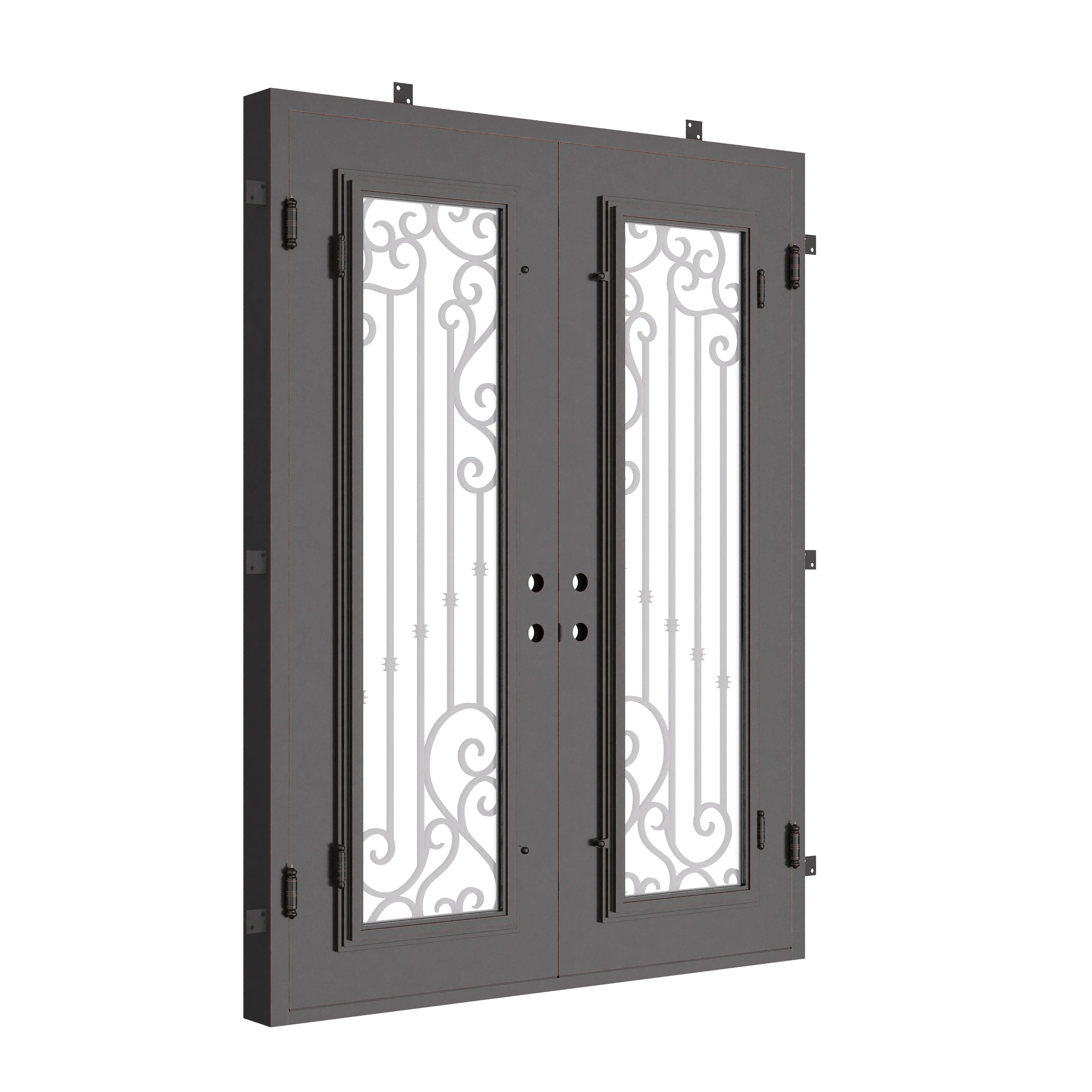 Paris black wrought iron double door with flat top and energy efficient glass.