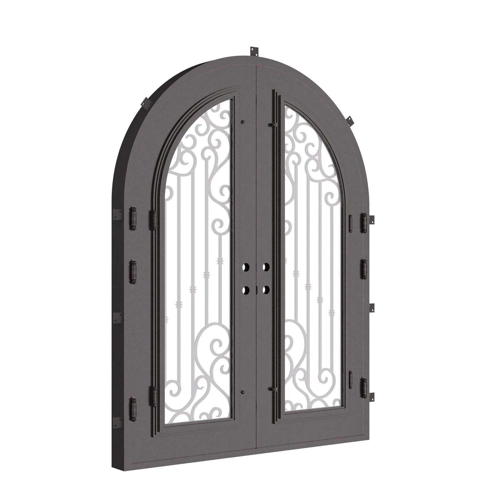 Paris french radius top swing door with decorative scrollwork and glass.
