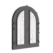 Paris french radius top swing door with decorative scrollwork and glass.