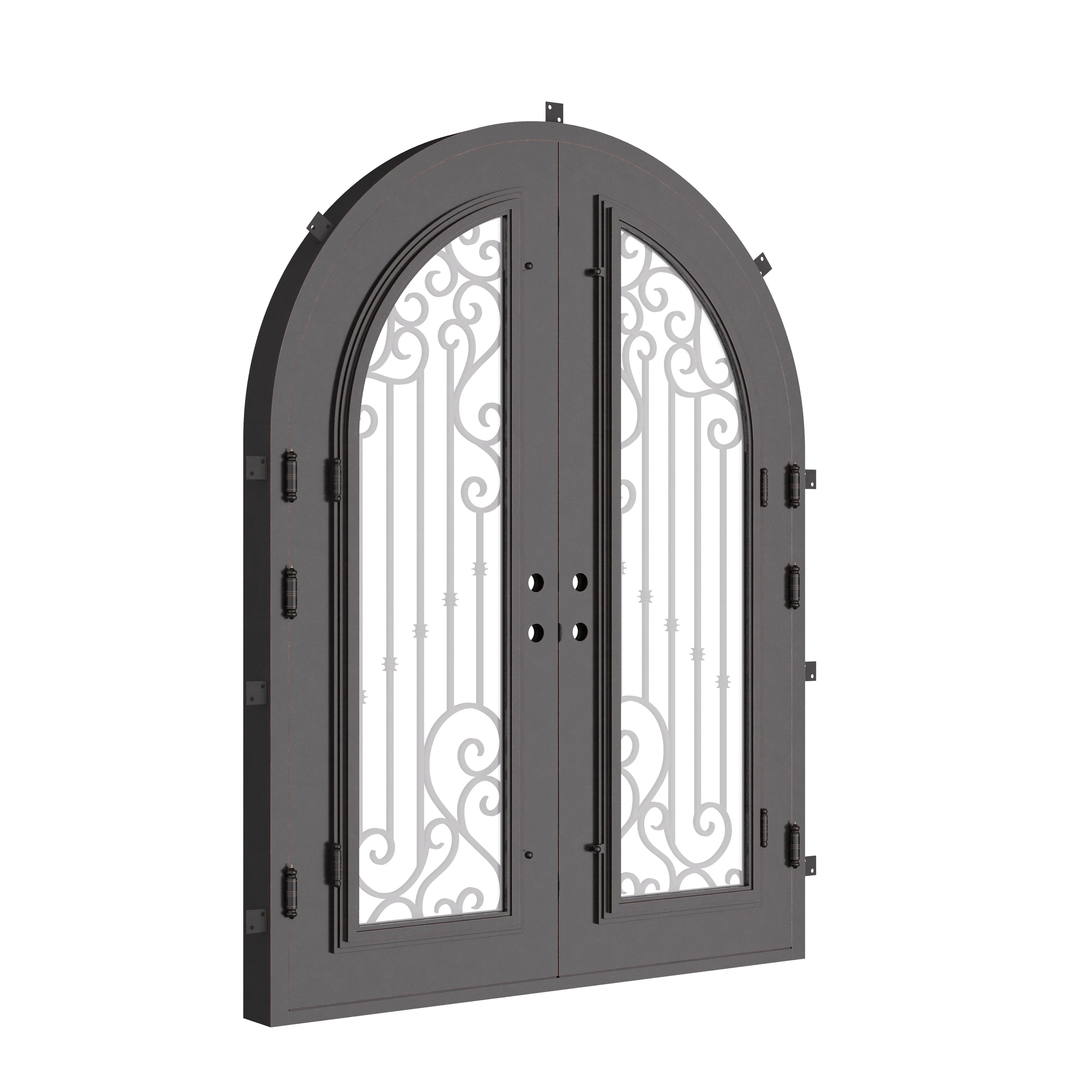 Paris french radius top swing door with decorative scrollwork and glass.