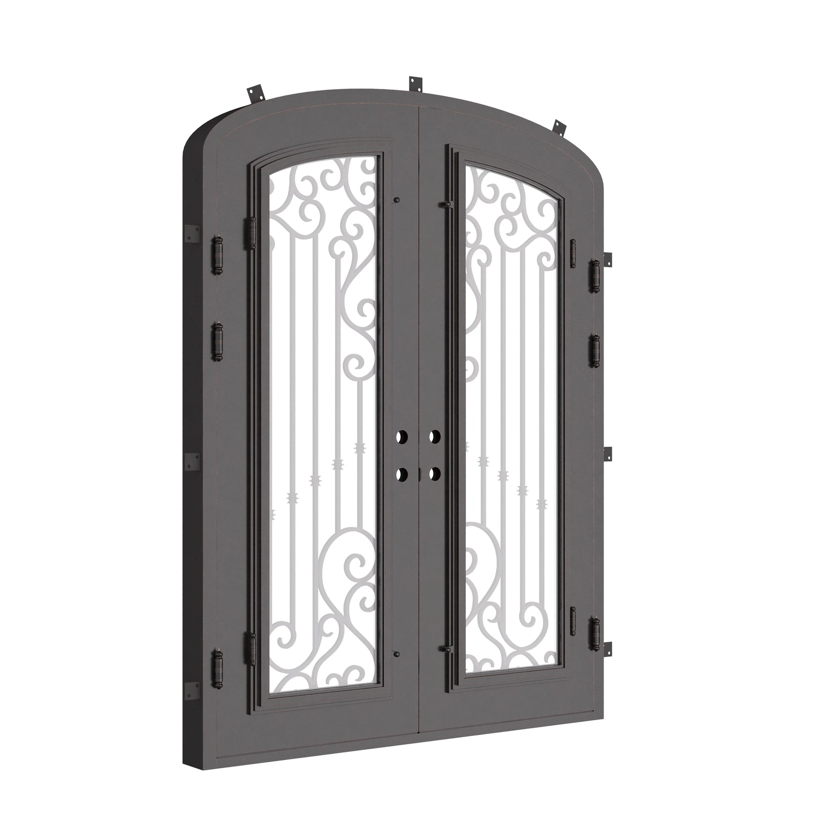 Paris double entry door with glass in bronze hue and arched design.