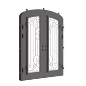Paris double entry door with glass in bronze hue and arched design.
