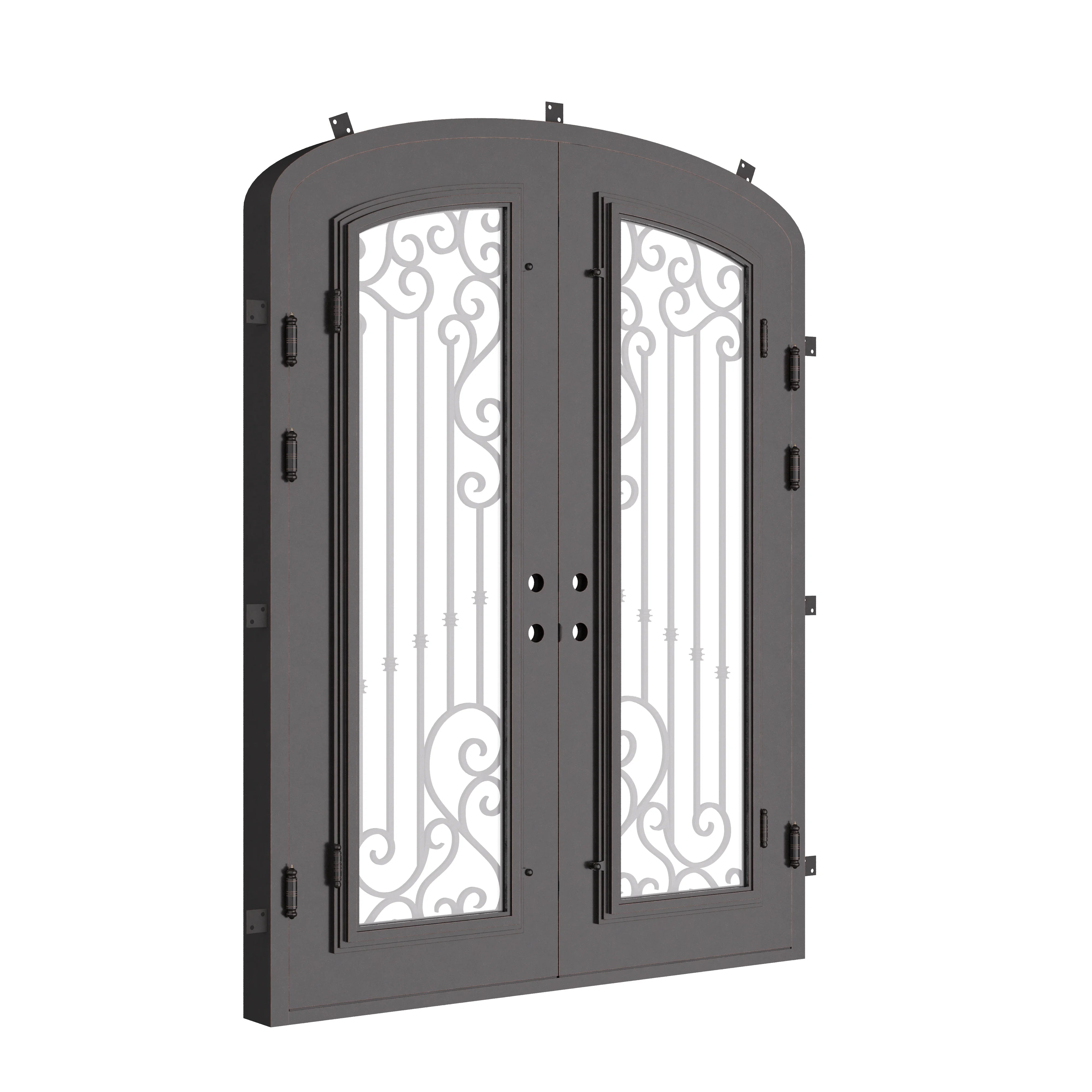 Paris double entry door with glass in bronze hue and arched design.
