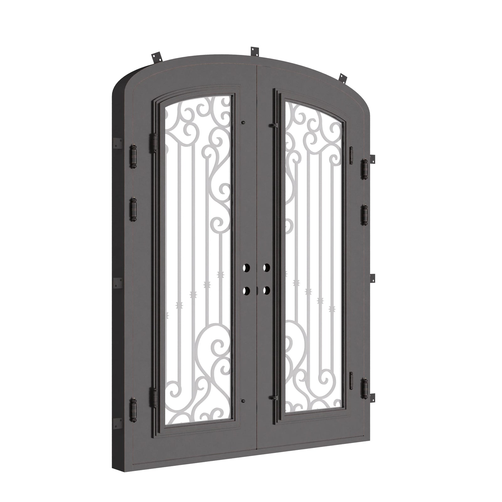 Paris double door in bronze hue with glass and arch.