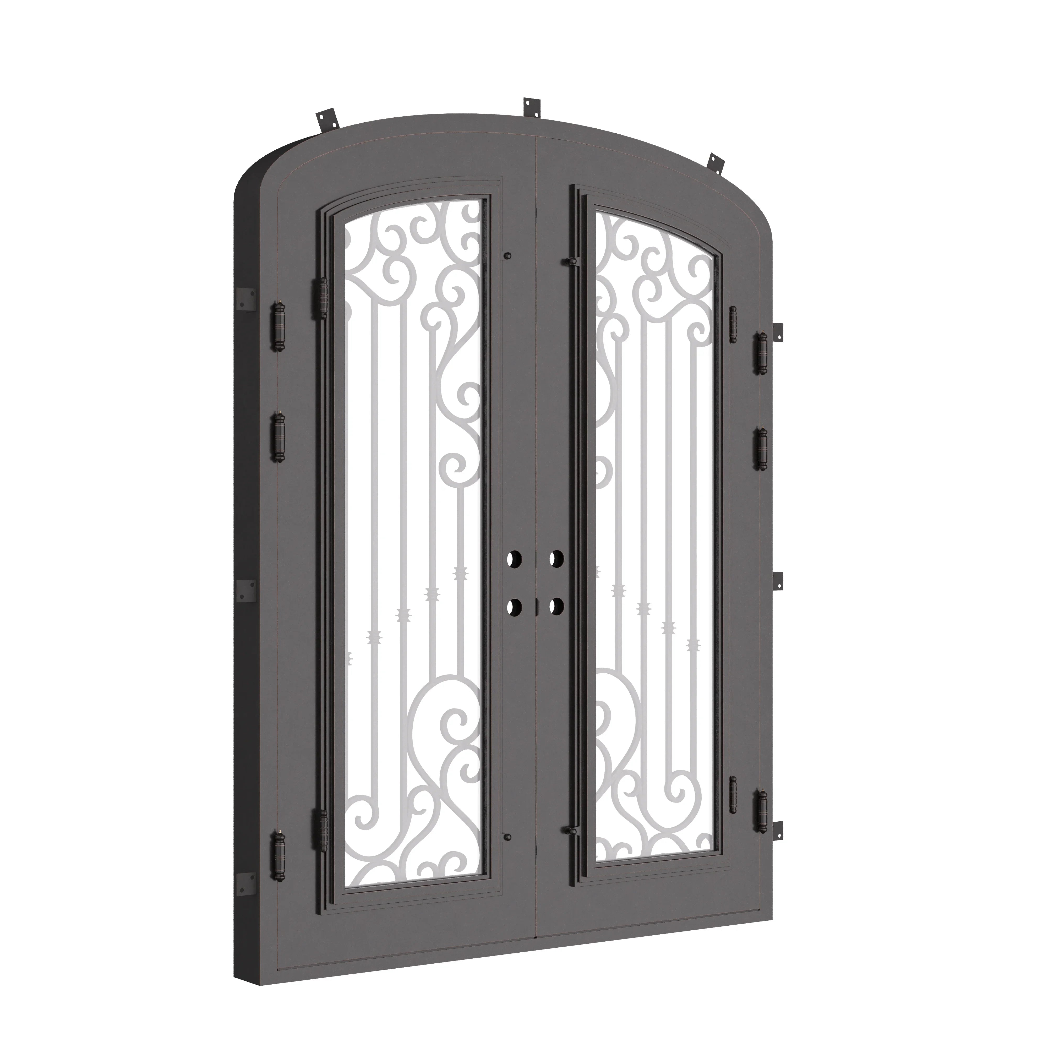 Paris double door in bronze hue with glass and arch.