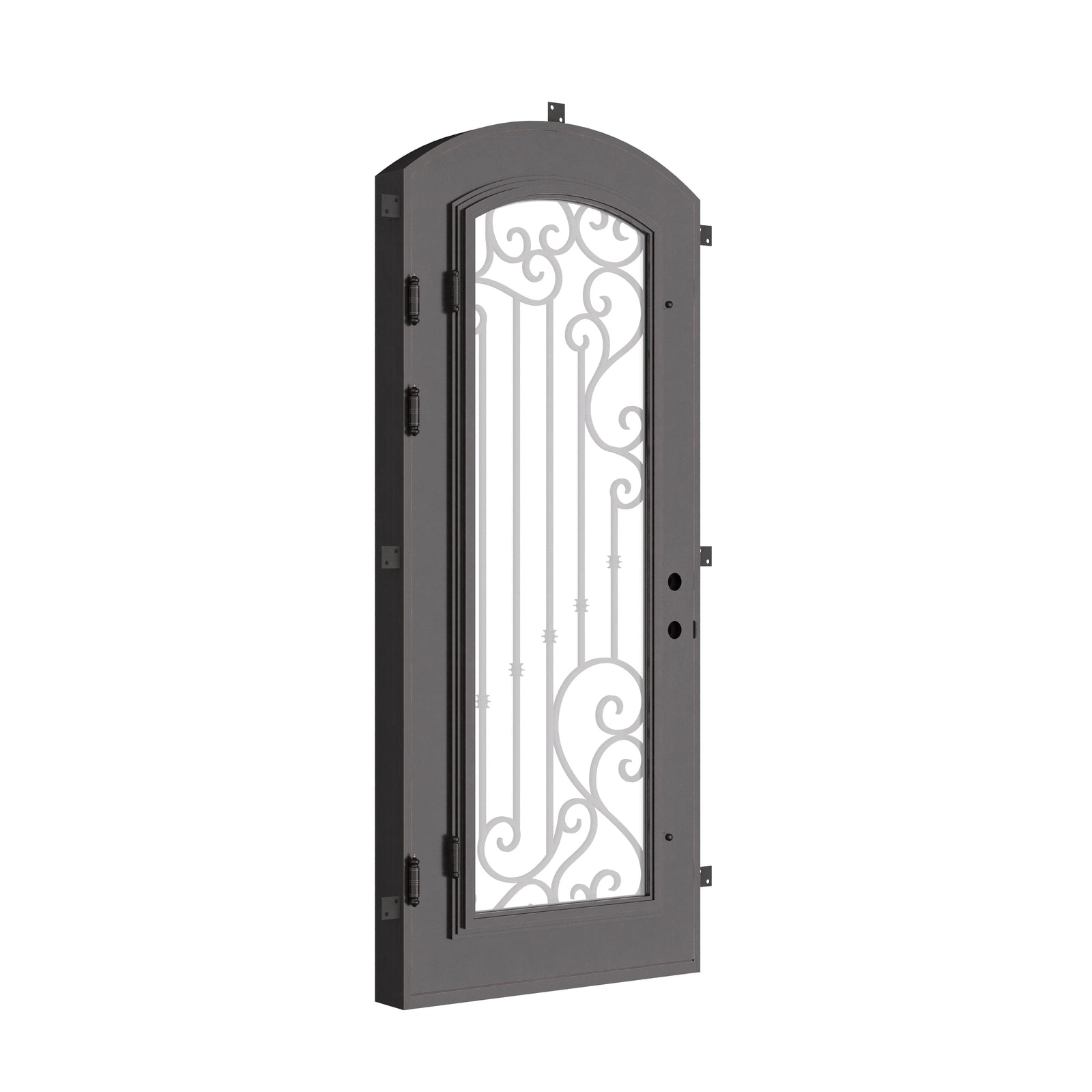 Paris single soft arch top hinged door with dual-pane glass in bronze color.