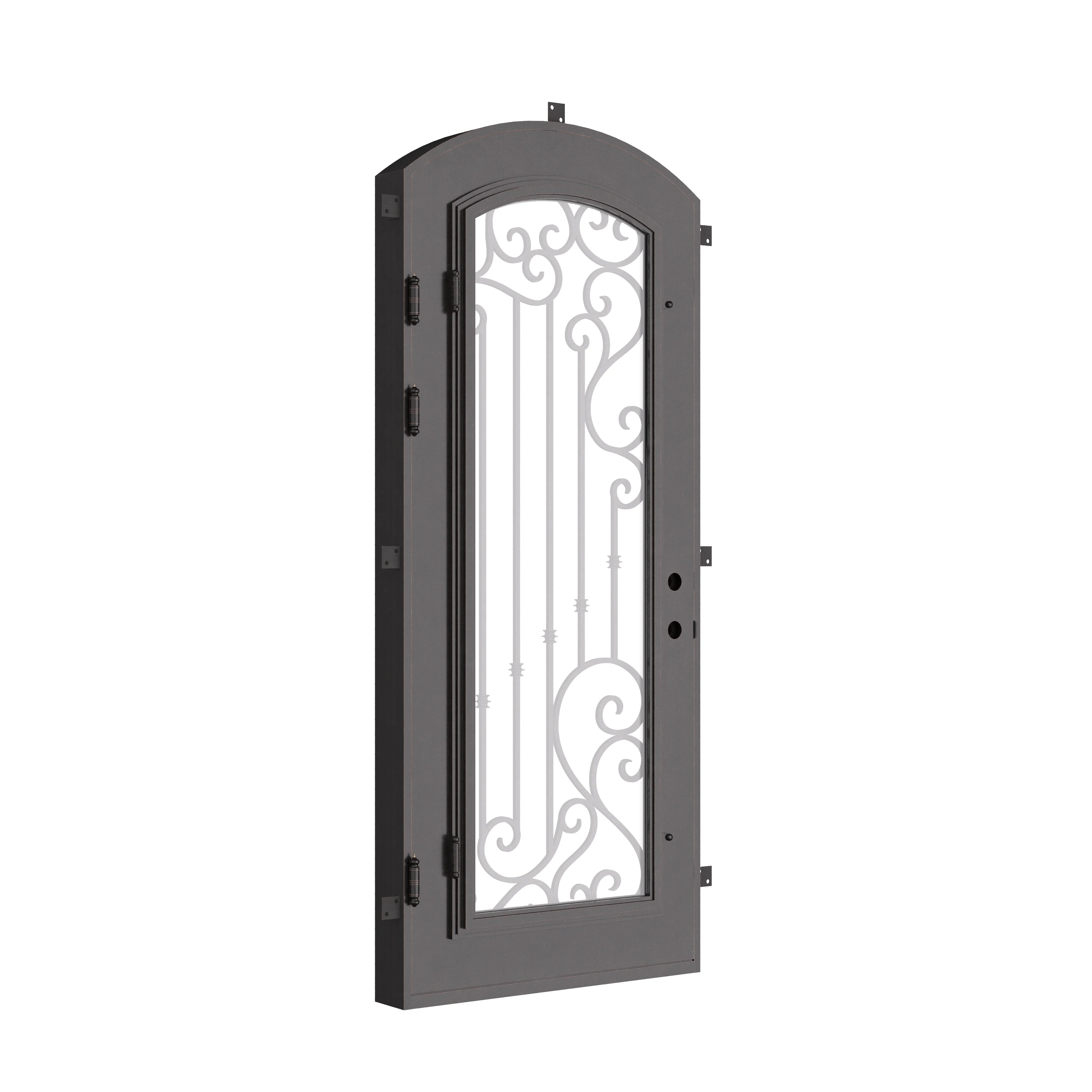 Paris single soft arch top hinged door with dual-pane glass in bronze color.