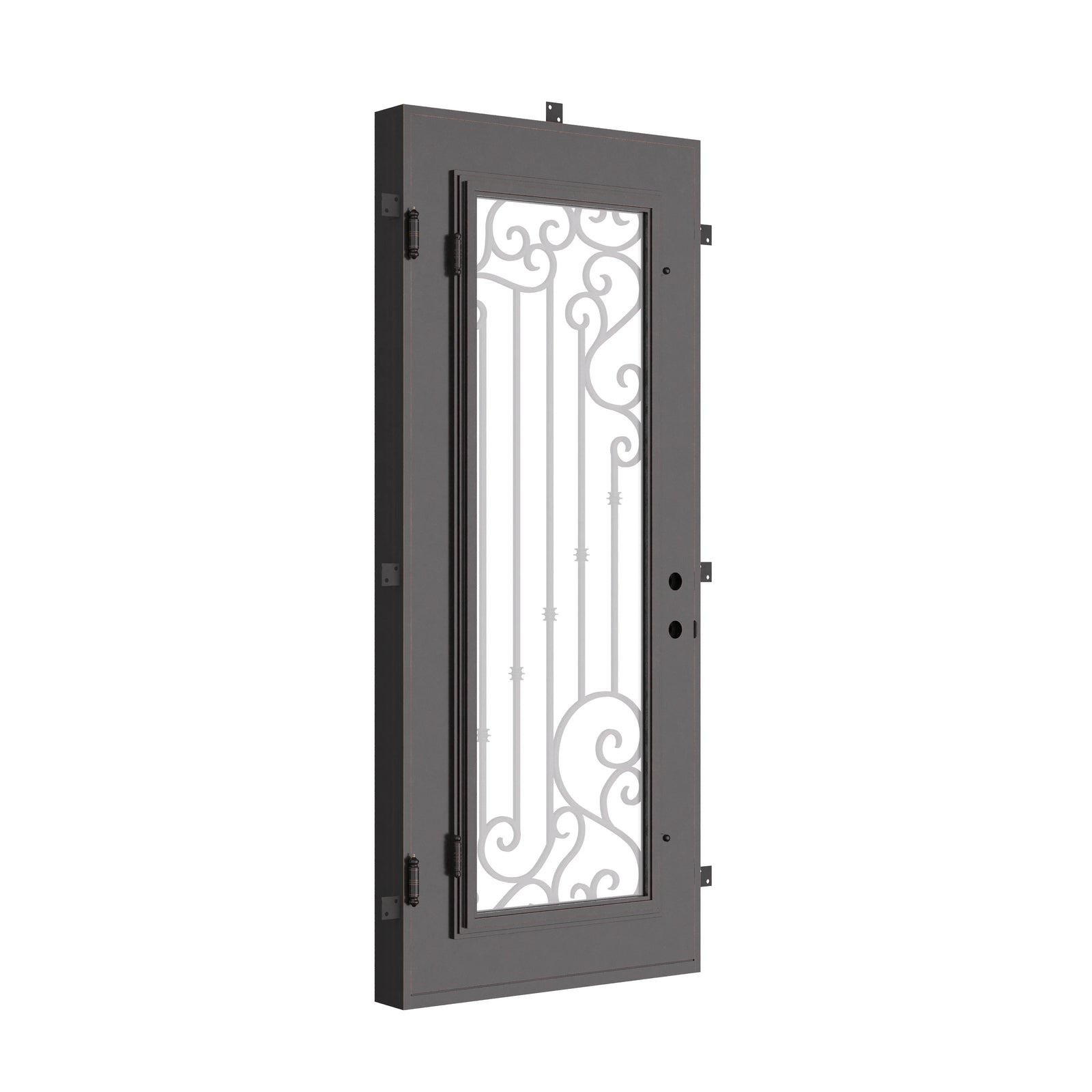 Paris Black metal flat top single entry door with thick glass and metalwork.