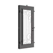 Paris Black metal flat top single entry door with thick glass and metalwork.