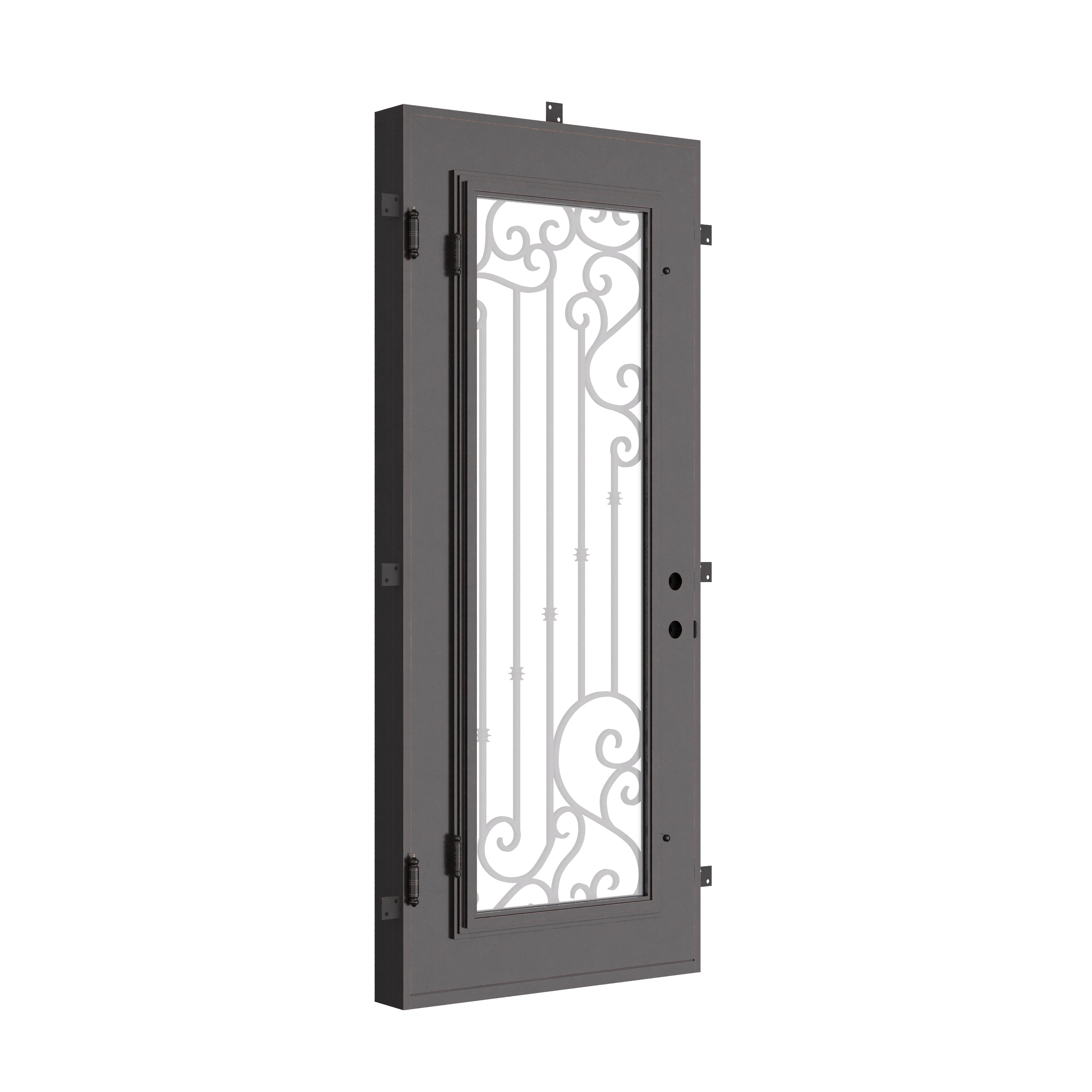 Paris Black metal flat top single entry door with thick glass and metalwork.