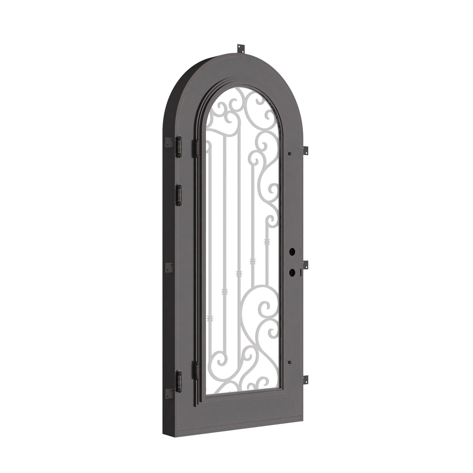 Paris single full arch top entry door with decorative scrollwork and energy efficient glass.