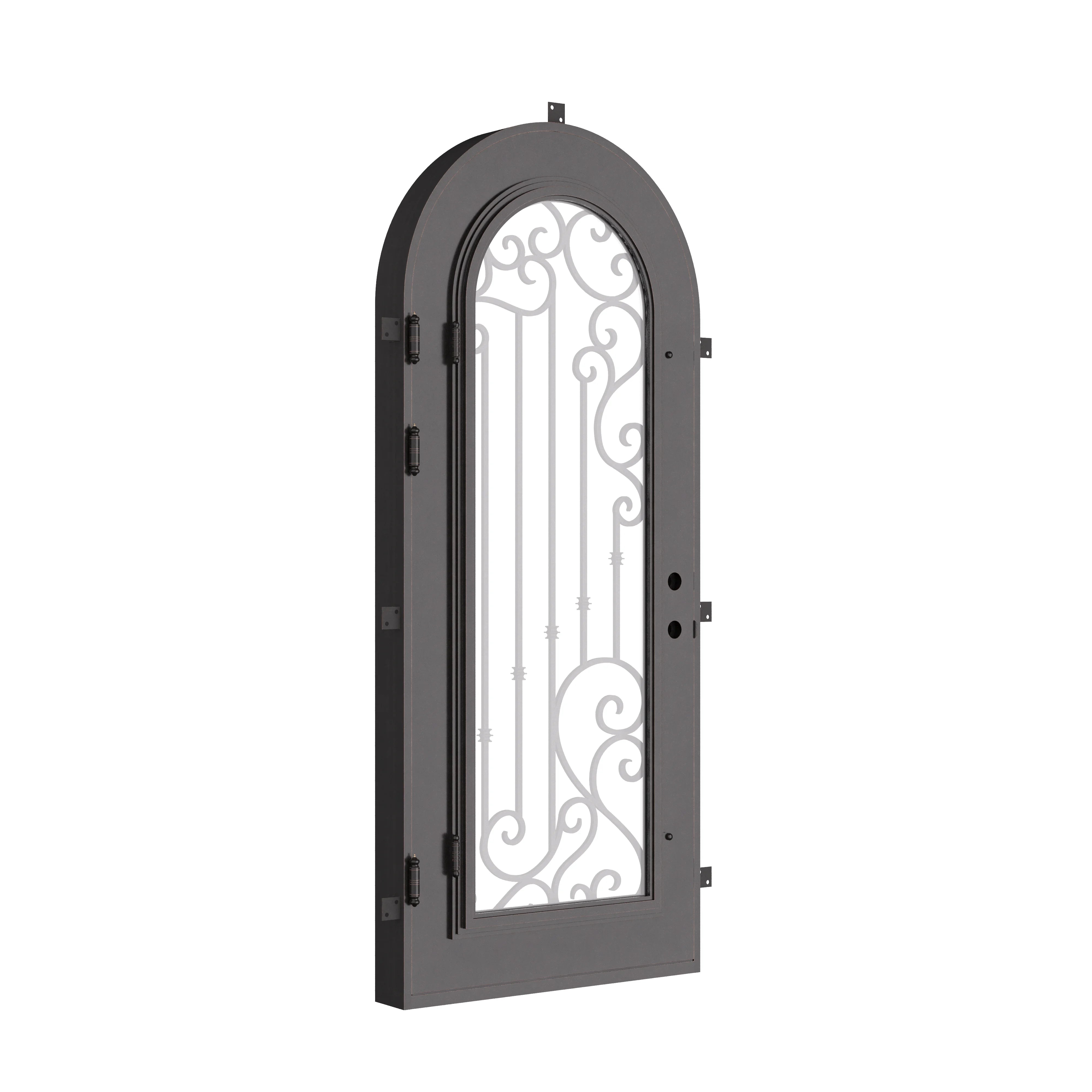 Paris bronze color cold rolled metal single full arch door with energy efficient glass.