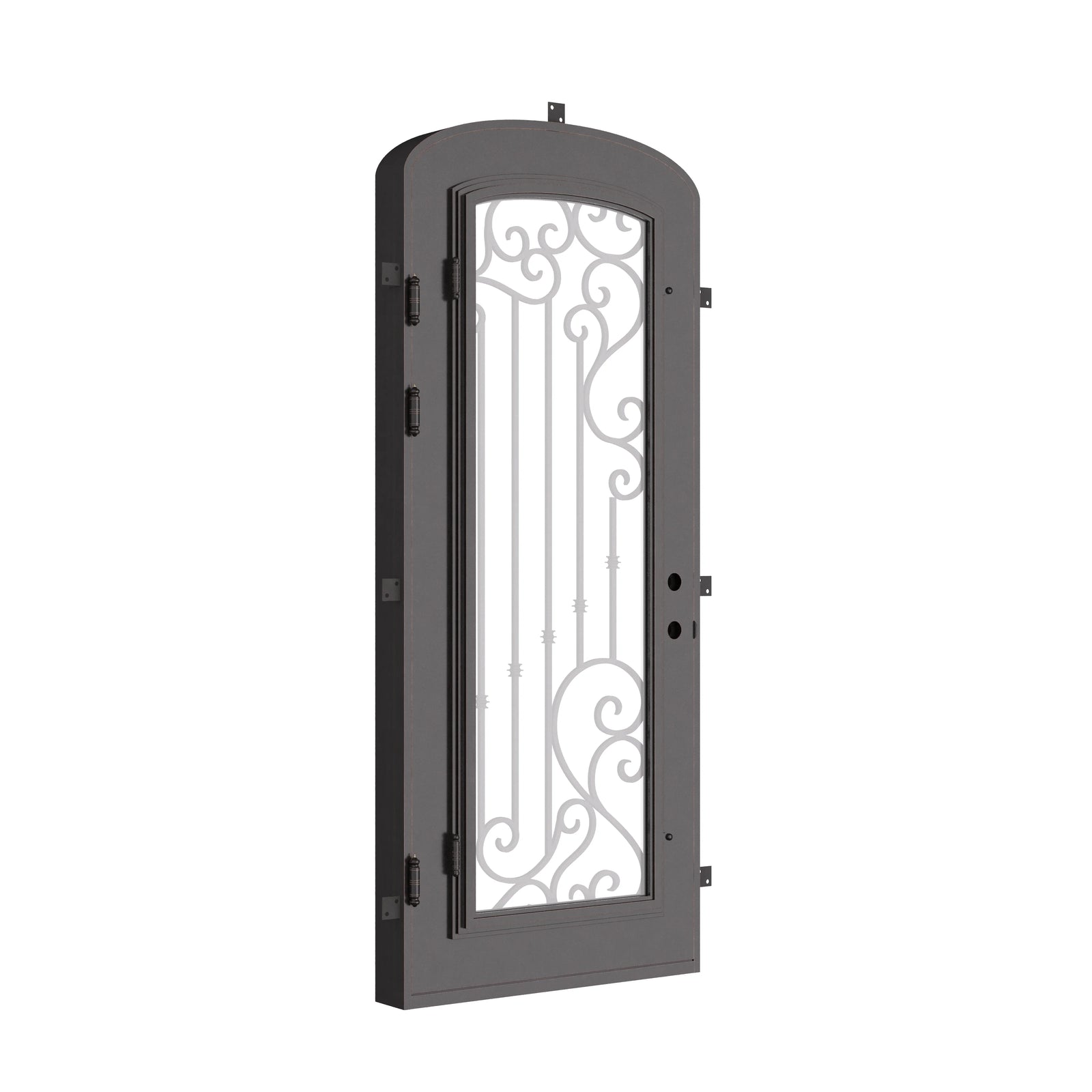 Paris mini arch top single iron door with thick dual-pane tempered glass in bronze color.