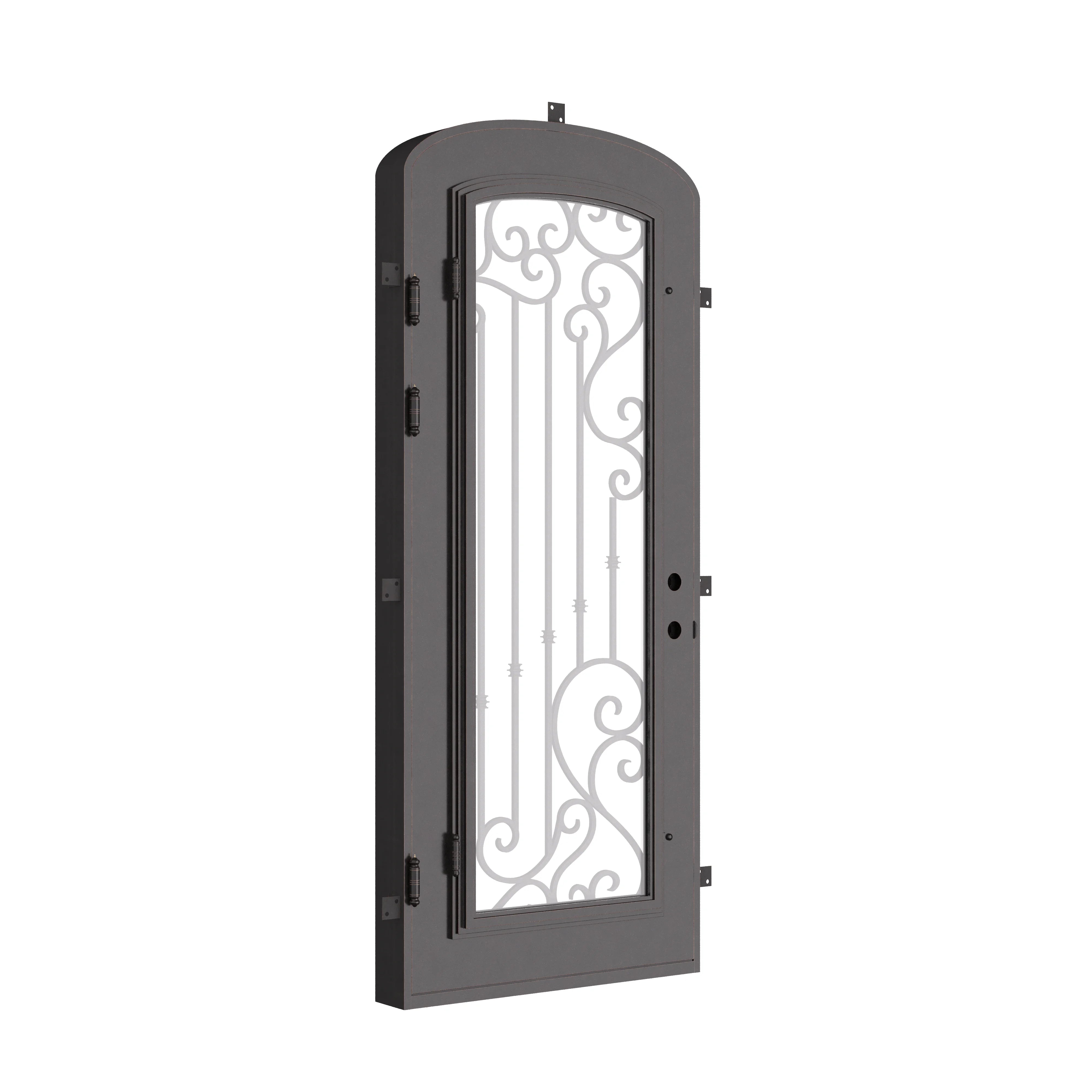 Paris mini arch top single iron door with thick dual-pane tempered glass in bronze color.