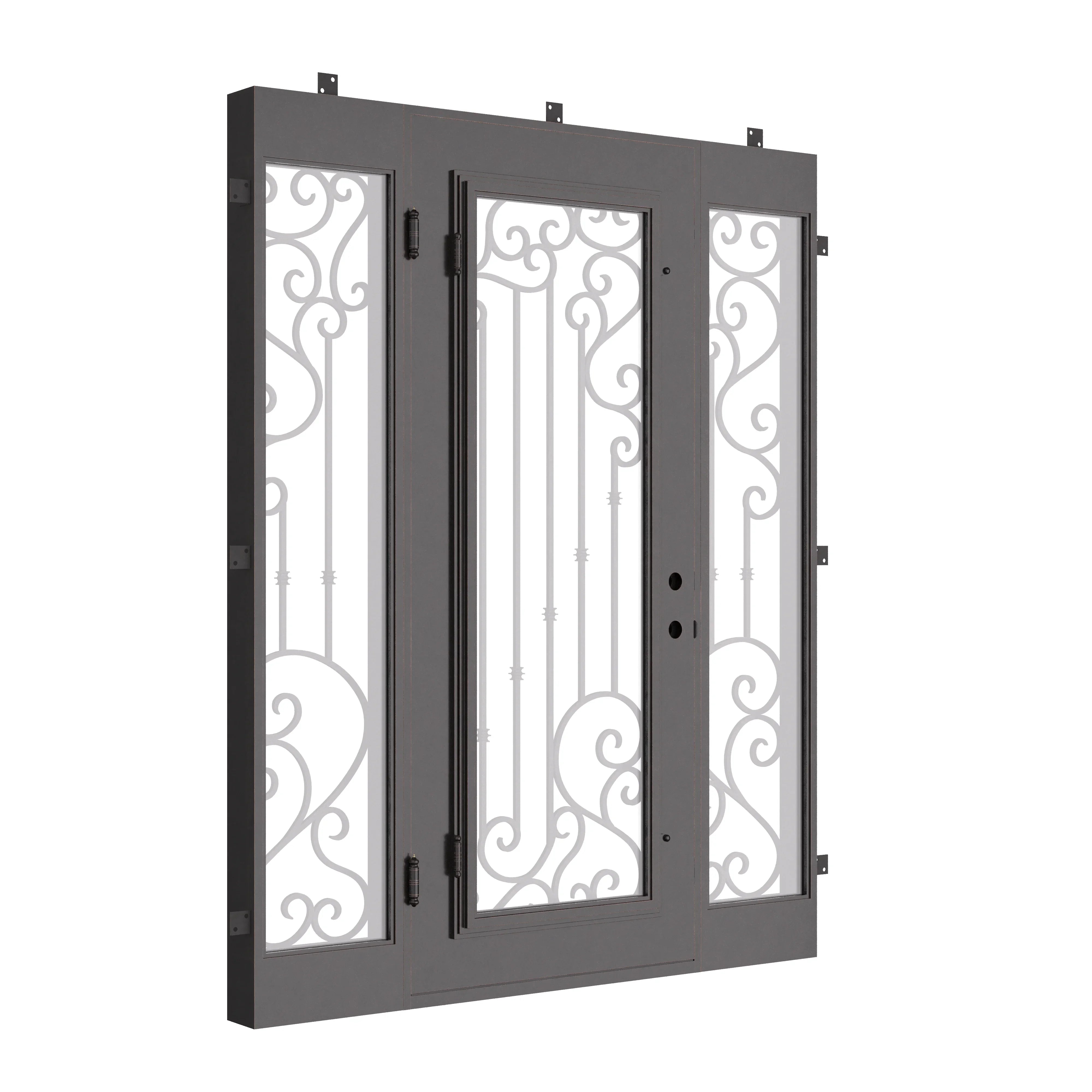 Paris metal swing door in black with sidelights and flat top shape.