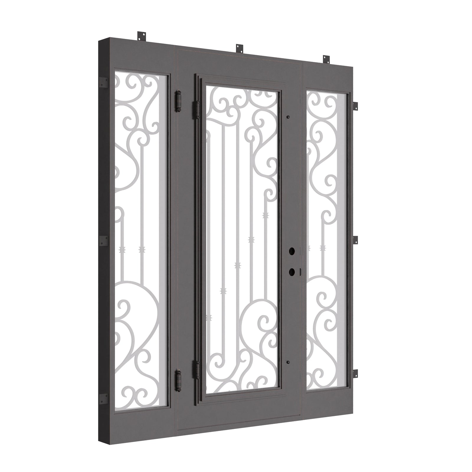 Paris wrought iron single swing door with sidelights in bronze and square top shape.