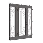 Paris wrought iron single swing door with sidelights in bronze and square top shape.