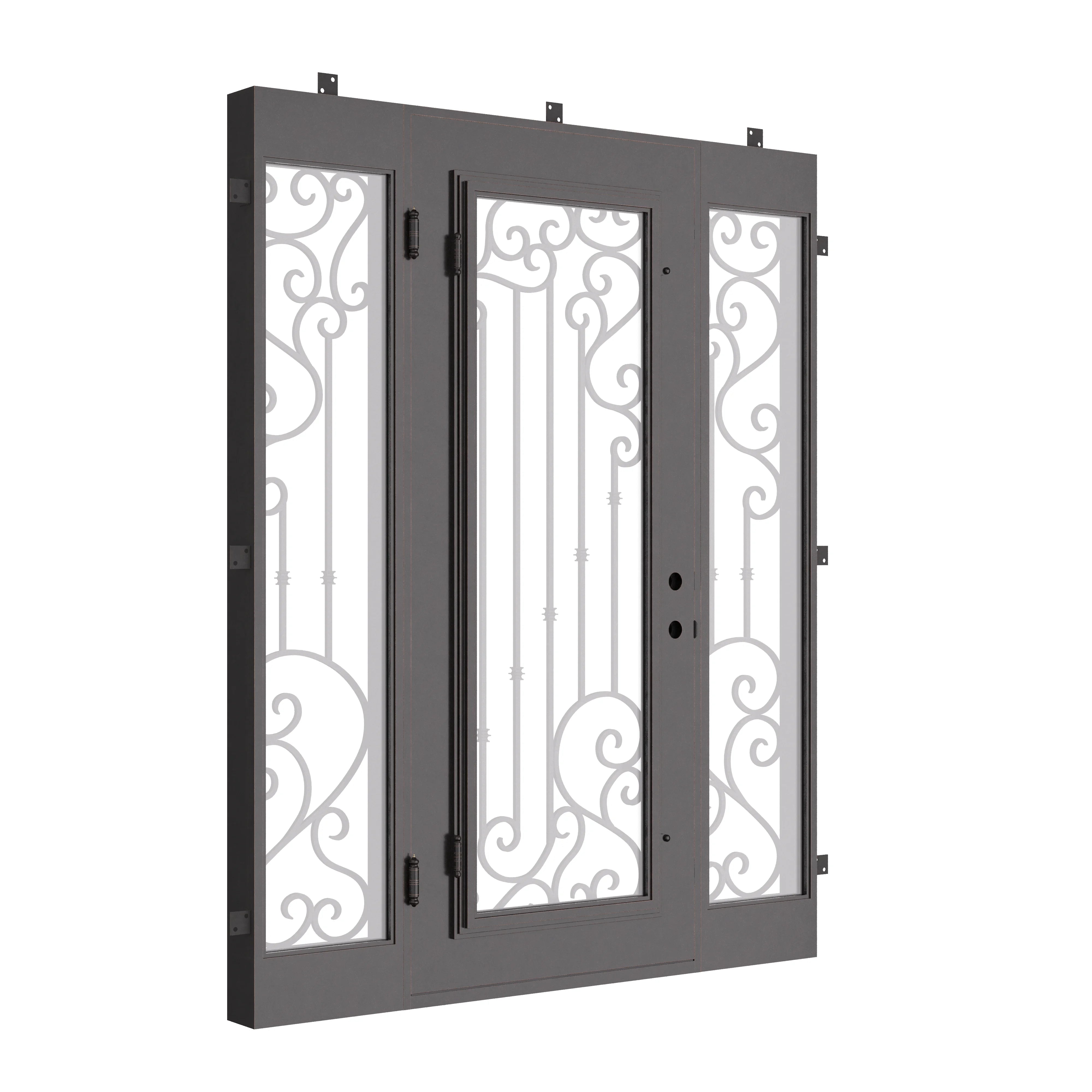 Paris wrought iron single swing door with sidelights in bronze and square top shape.