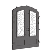 Story bronze colored arched top metal door with glass and thermal barrier.