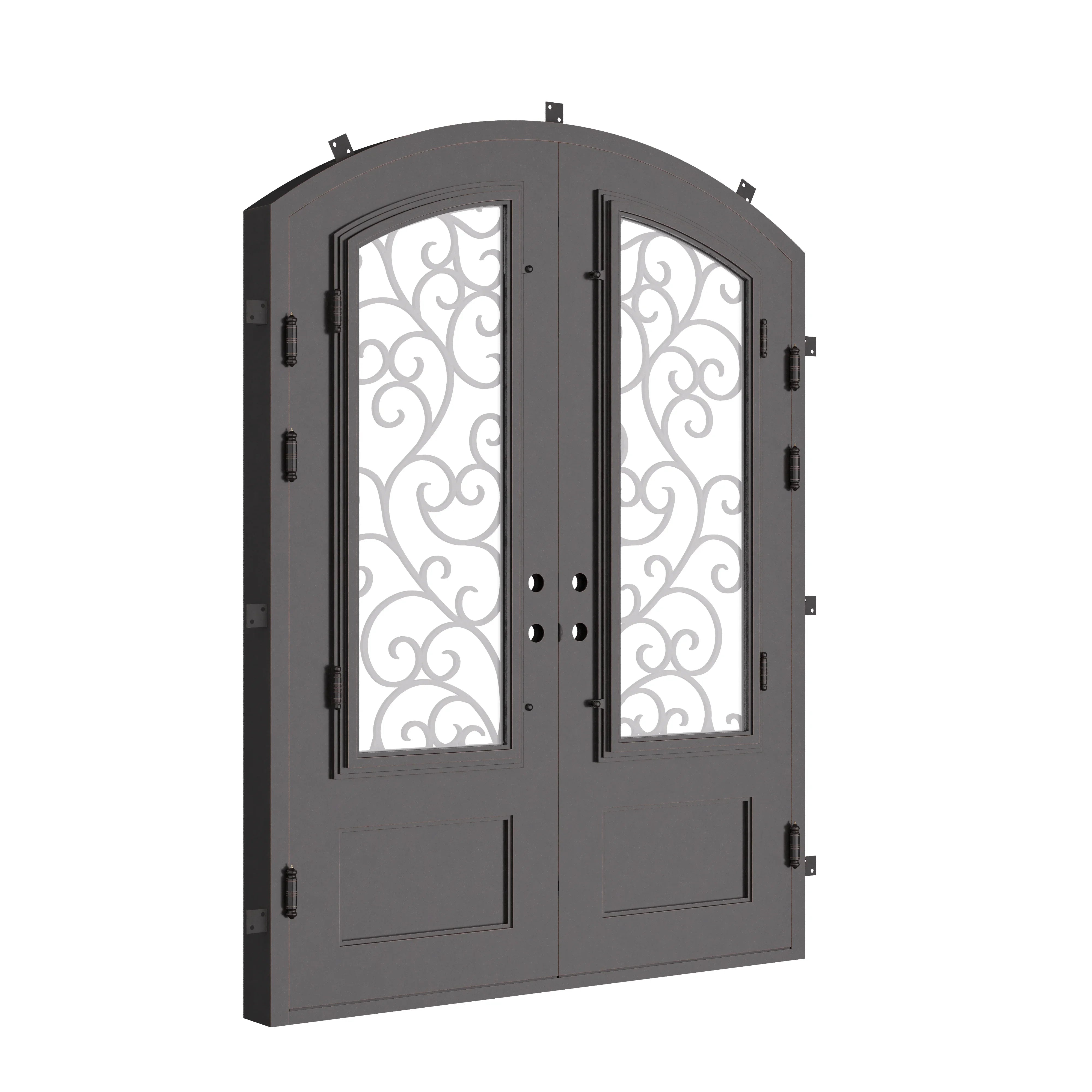 Story bronze colored arched top metal door with glass and thermal barrier.