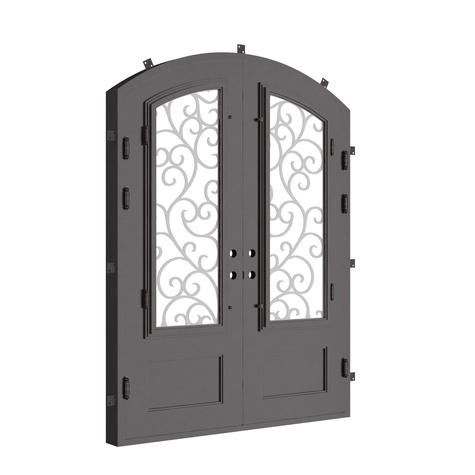 Story double door in bronze finish with glass windows and arch.