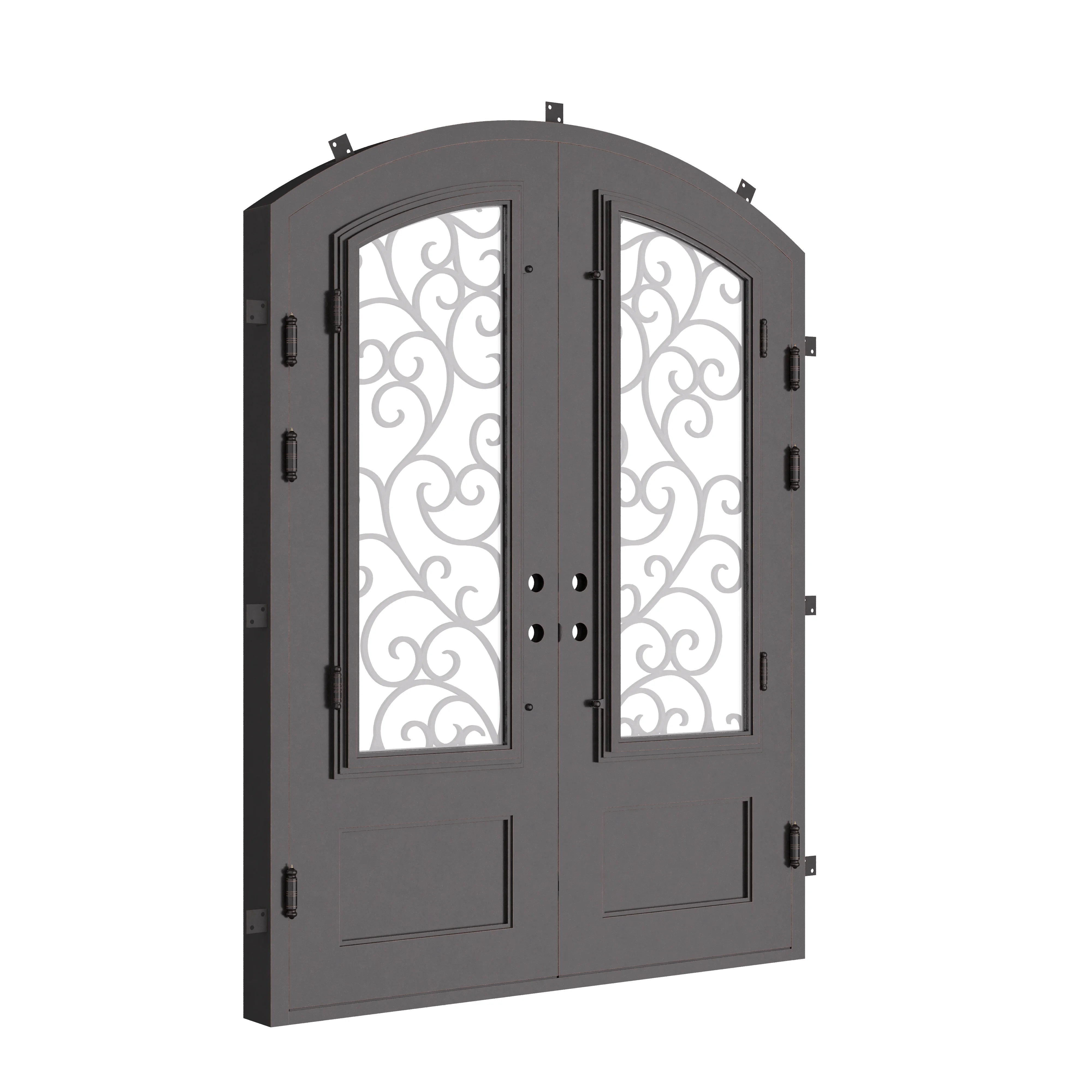 Story double door in bronze finish with glass windows and arch.