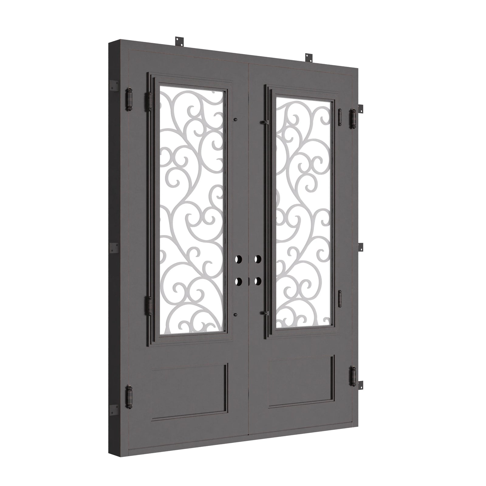 Story black finished square top french entry door with tempered glass.