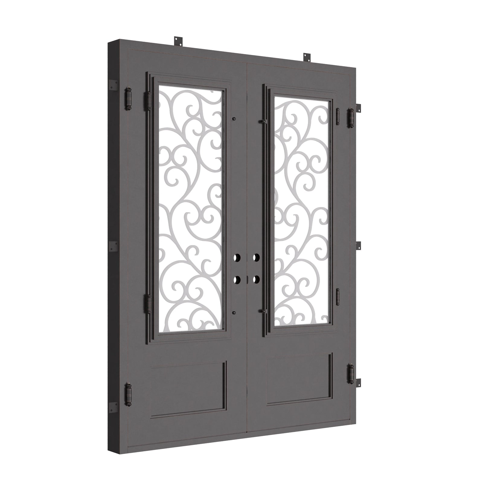Story black metal double door with dual-pane glass and square top.