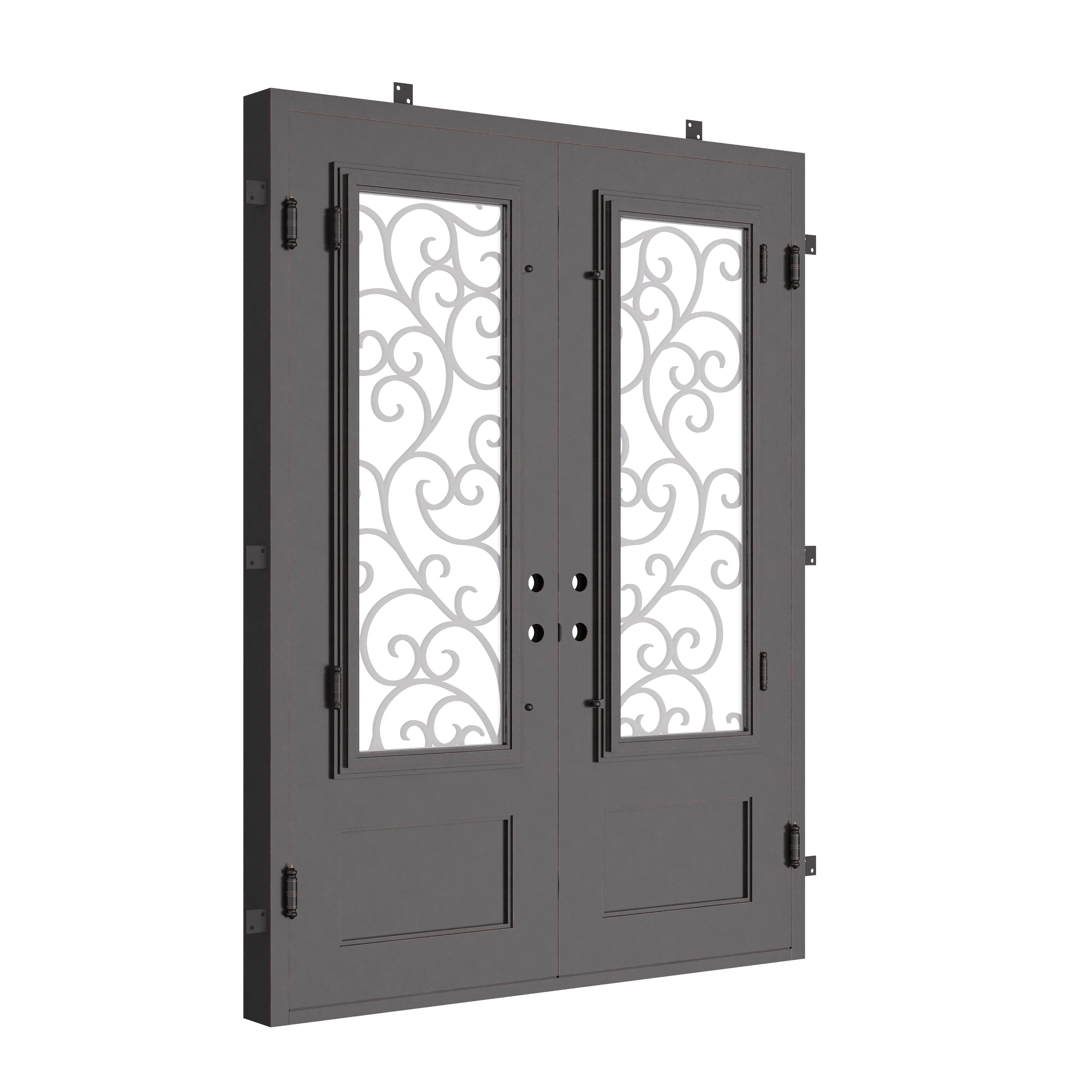 Story black metal double door with dual-pane glass and square top.