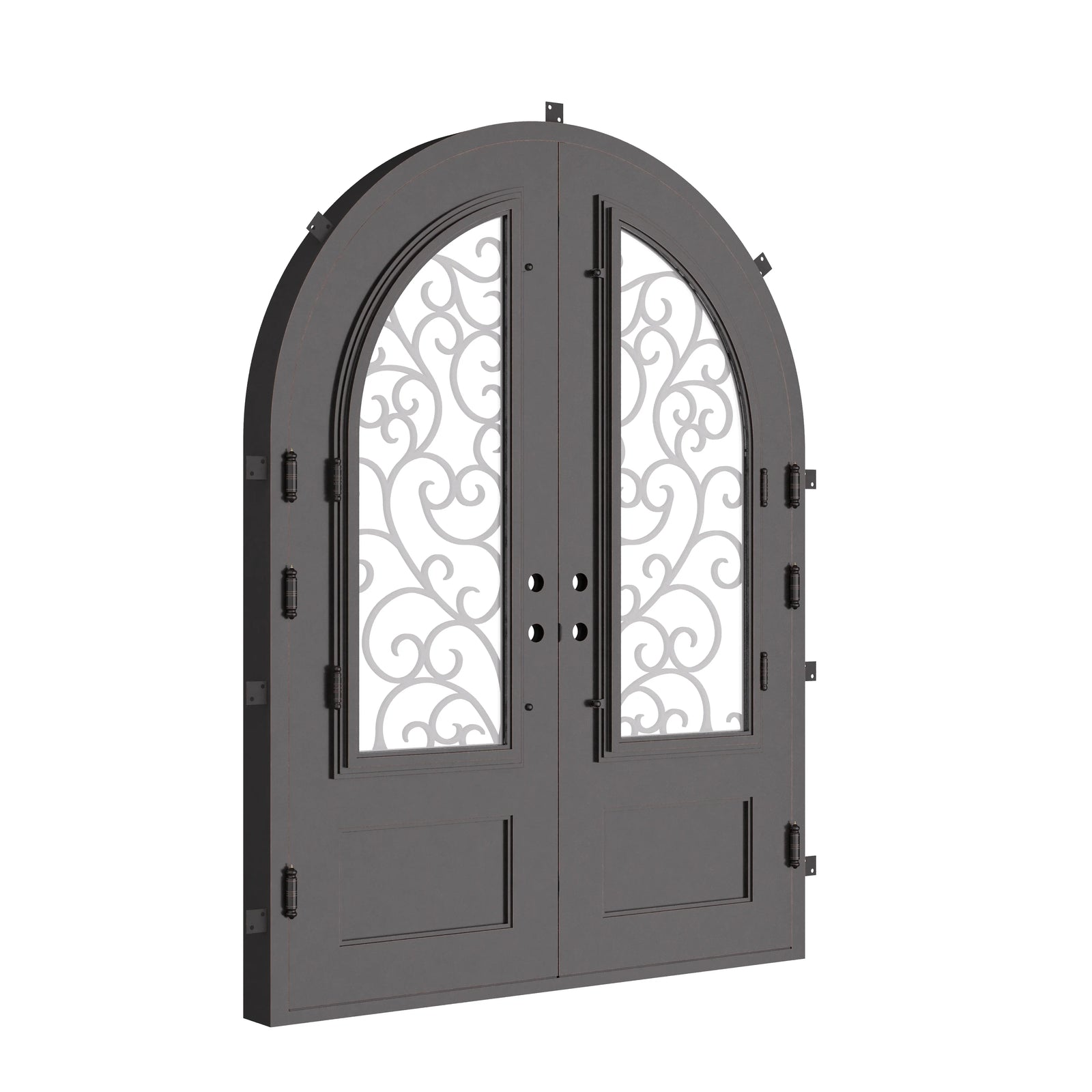 Story round top french front door with hand forged metalwork and glass.