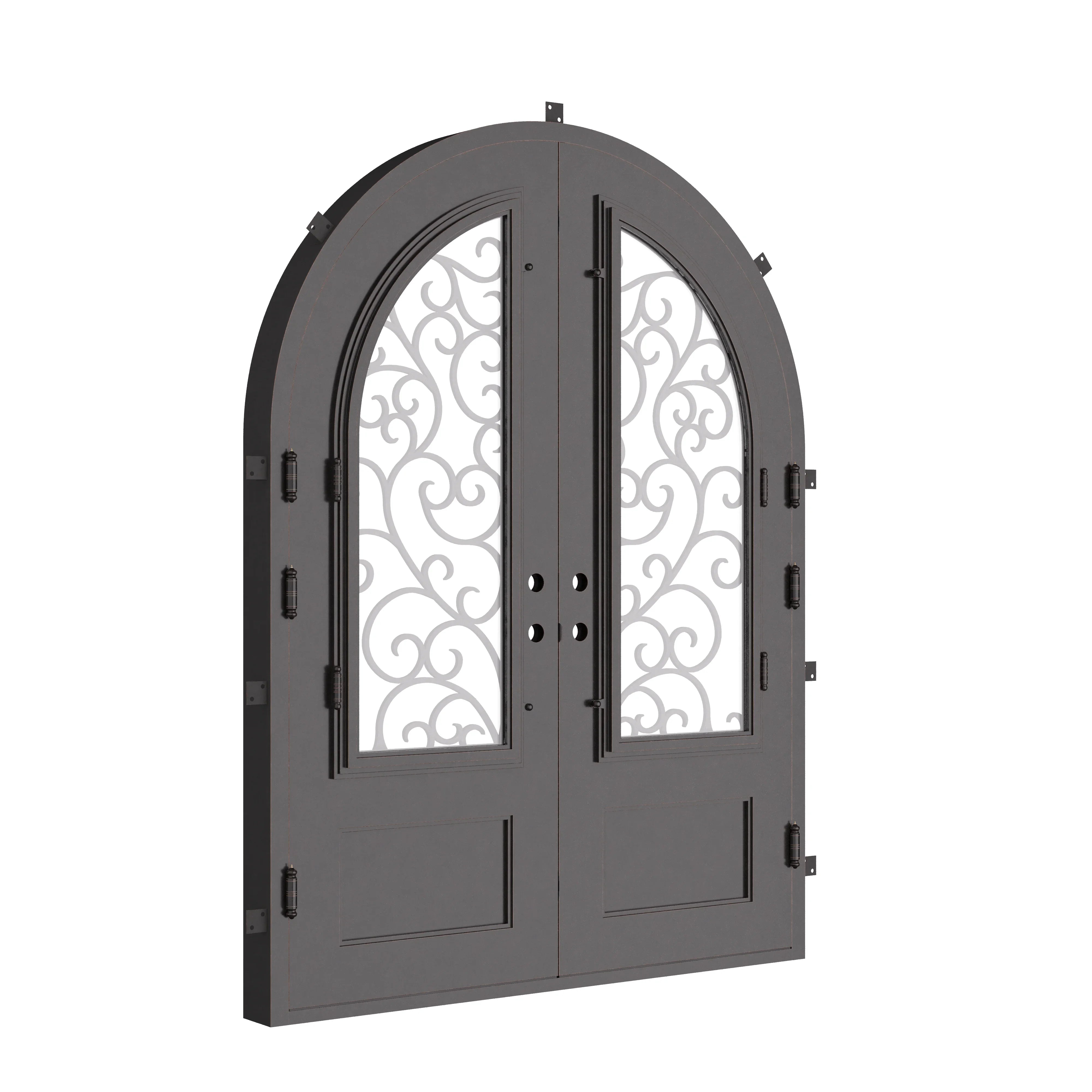Story round top iron entry door in bronze color for cold weather.