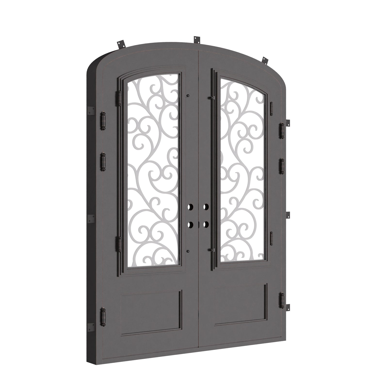 Story bronze shaded iron door with glass windows and arched style.