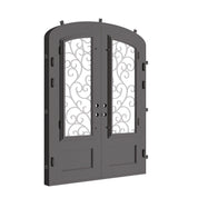 Story bronze shaded iron door with glass windows and arched style.