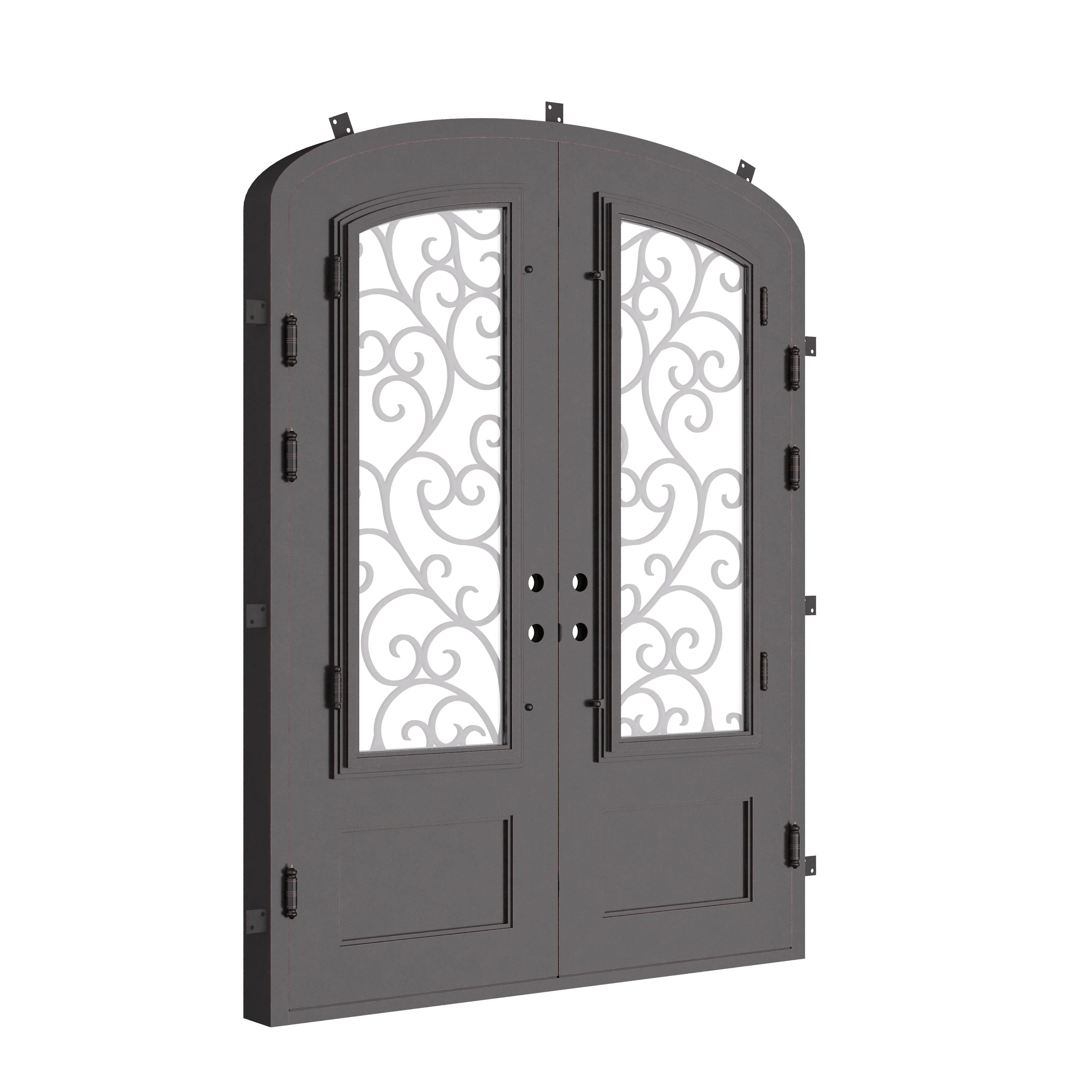 Story bronze shaded iron door with glass windows and arched style.