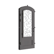 Story pre-hung bronze color wrought iron arch top door with glass panel.