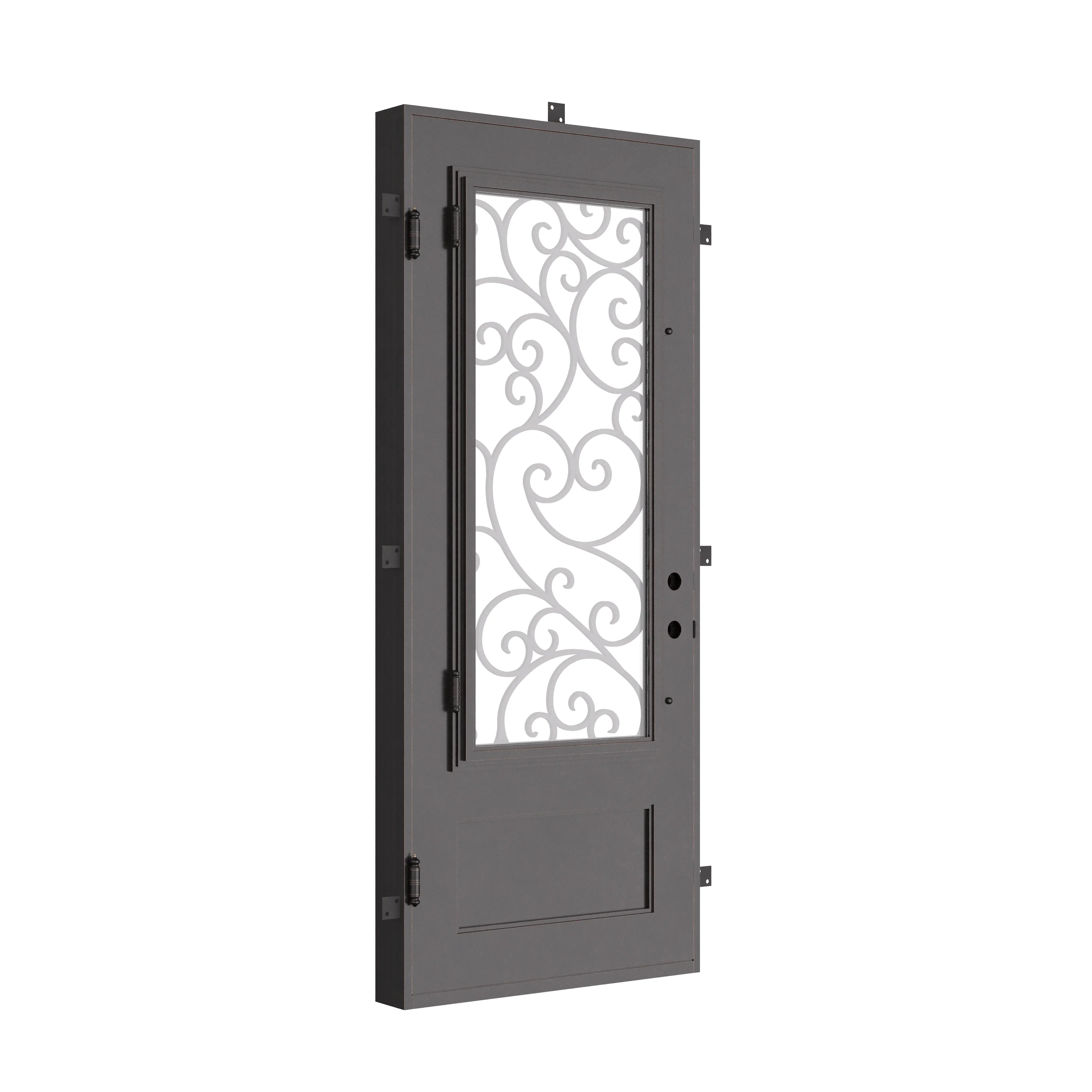 Story Bronze color exterior metal flat top single door with double-pane glass.