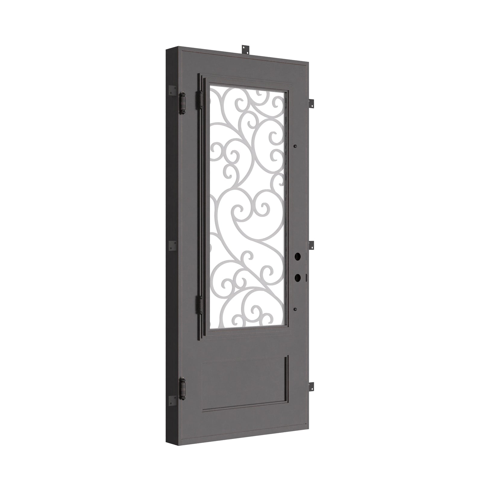 Story square top metal framed door for cold weather in matte black.