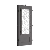 Story Black exterior iron single flat top swing door with glass insert.