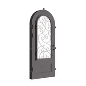 Story pre-hung bronze color metal single round top door with energy efficient glass.